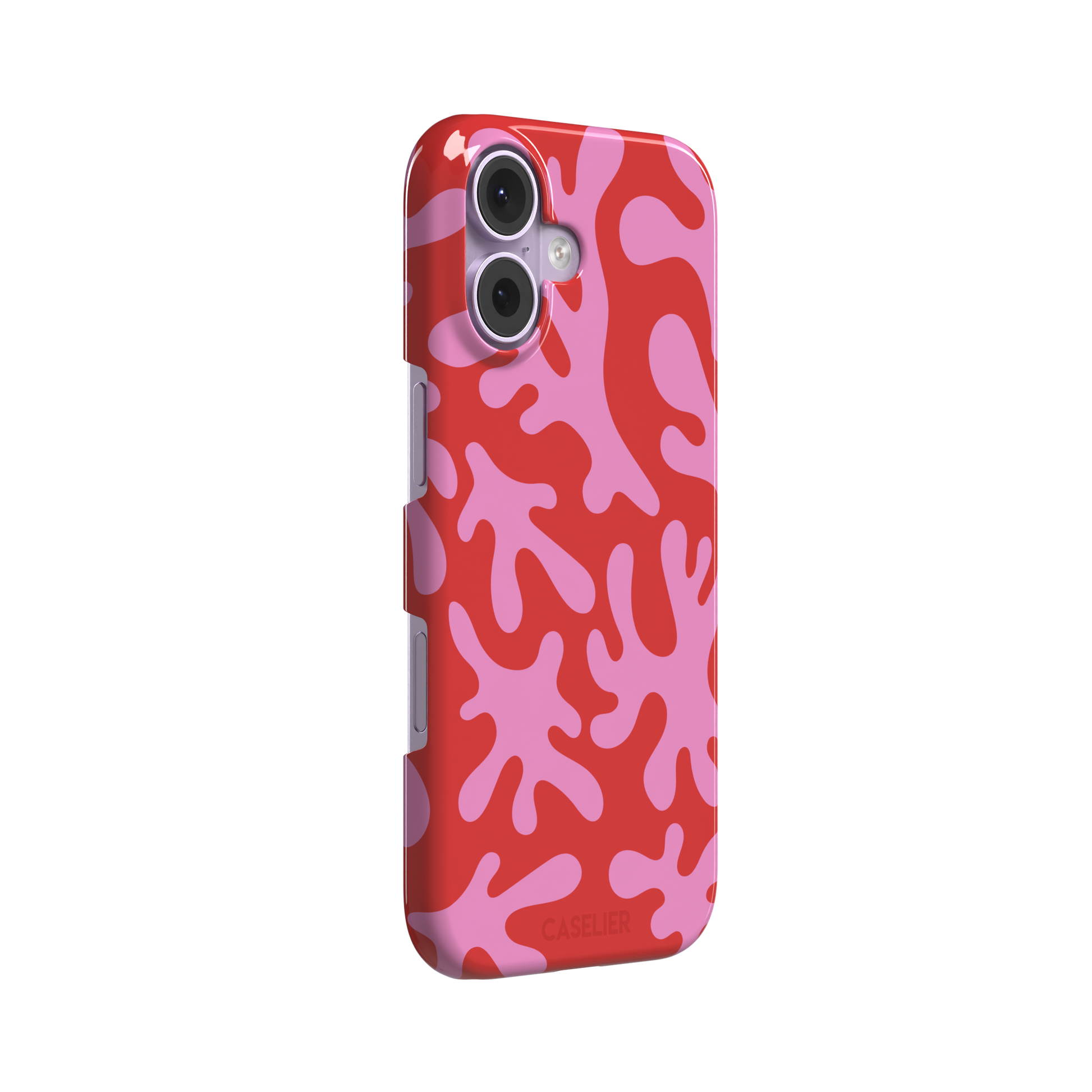 Coral Reef phone case in red and bubblegum pink with an all-over branching coral abstract pattern, phone case by Caselier — snap case, left view