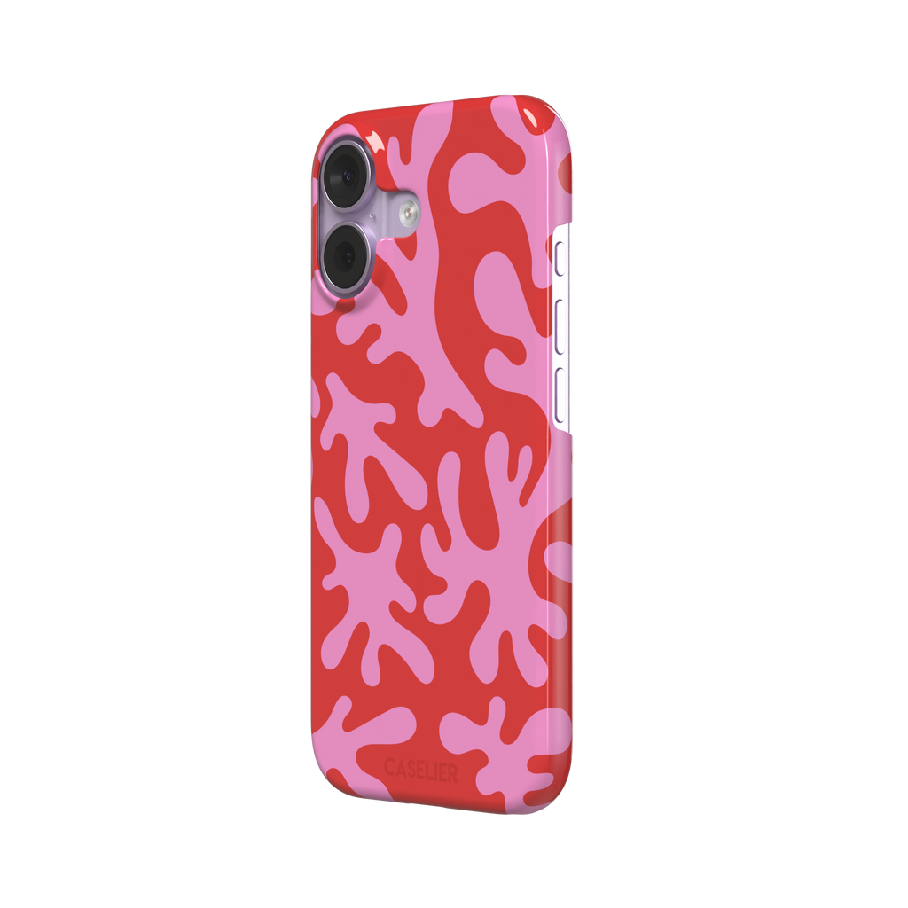 Coral Reef phone case in red and bubblegum pink with an all-over branching coral abstract pattern, phone case by Caselier — snap case, right view