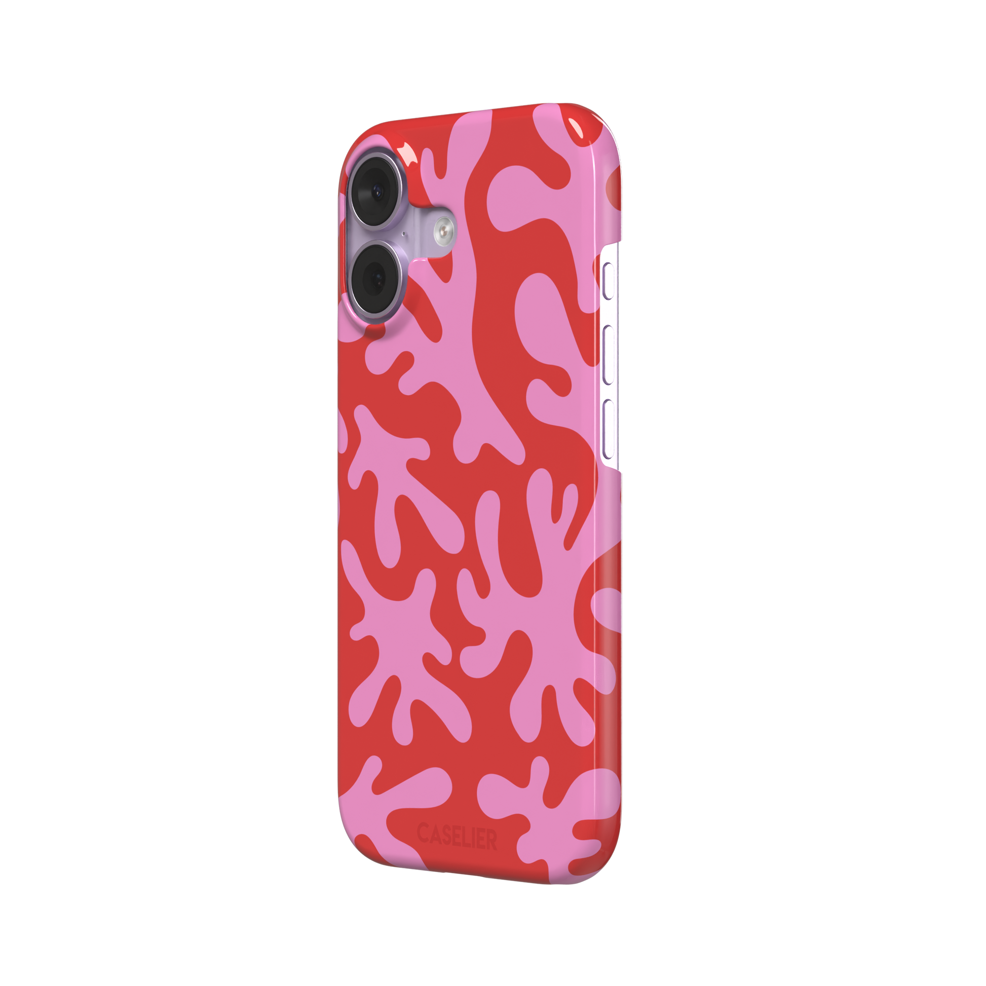 Coral Reef phone case in red and bubblegum pink with an all-over branching coral abstract pattern, phone case by Caselier — snap case, right view