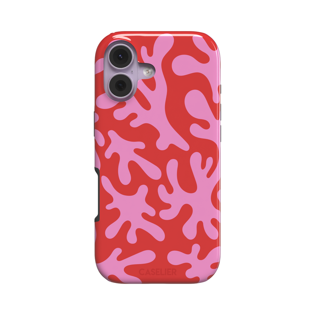 Coral Reef phone case in red and bubblegum pink with an all-over branching coral abstract pattern, phone case by Caselier — tough case, front view