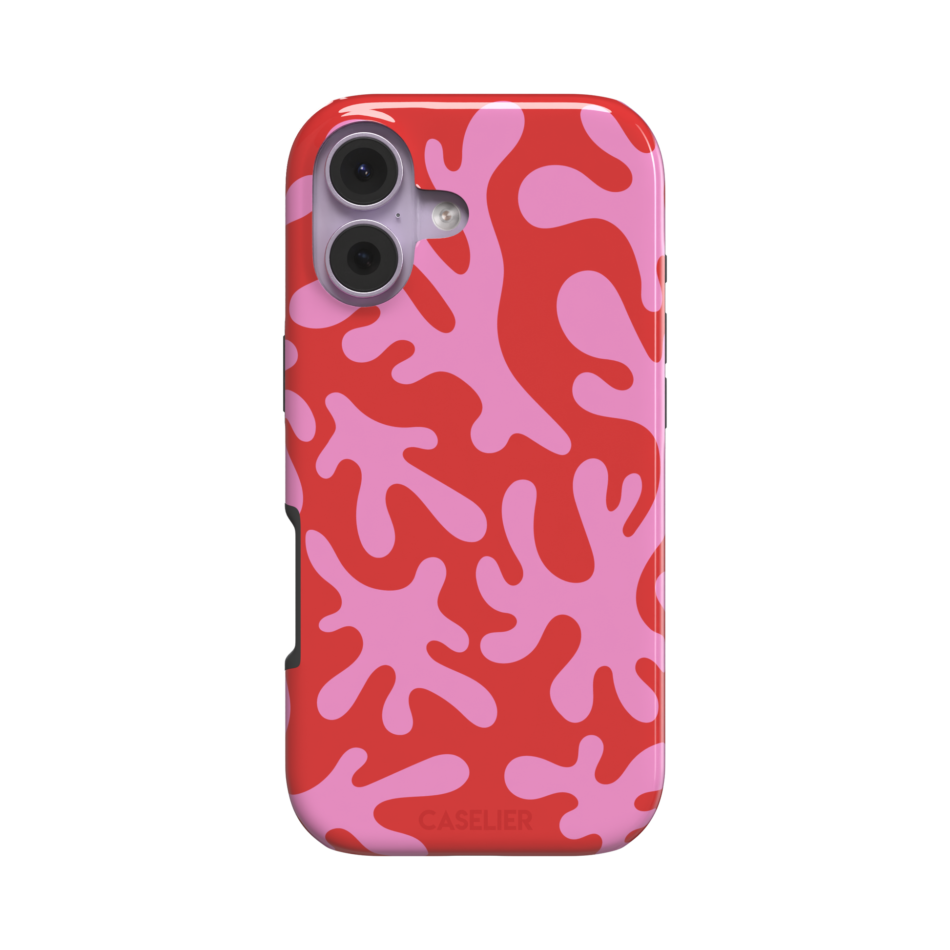 Coral Reef phone case in red and bubblegum pink with an all-over branching coral abstract pattern, phone case by Caselier — tough case, front view
