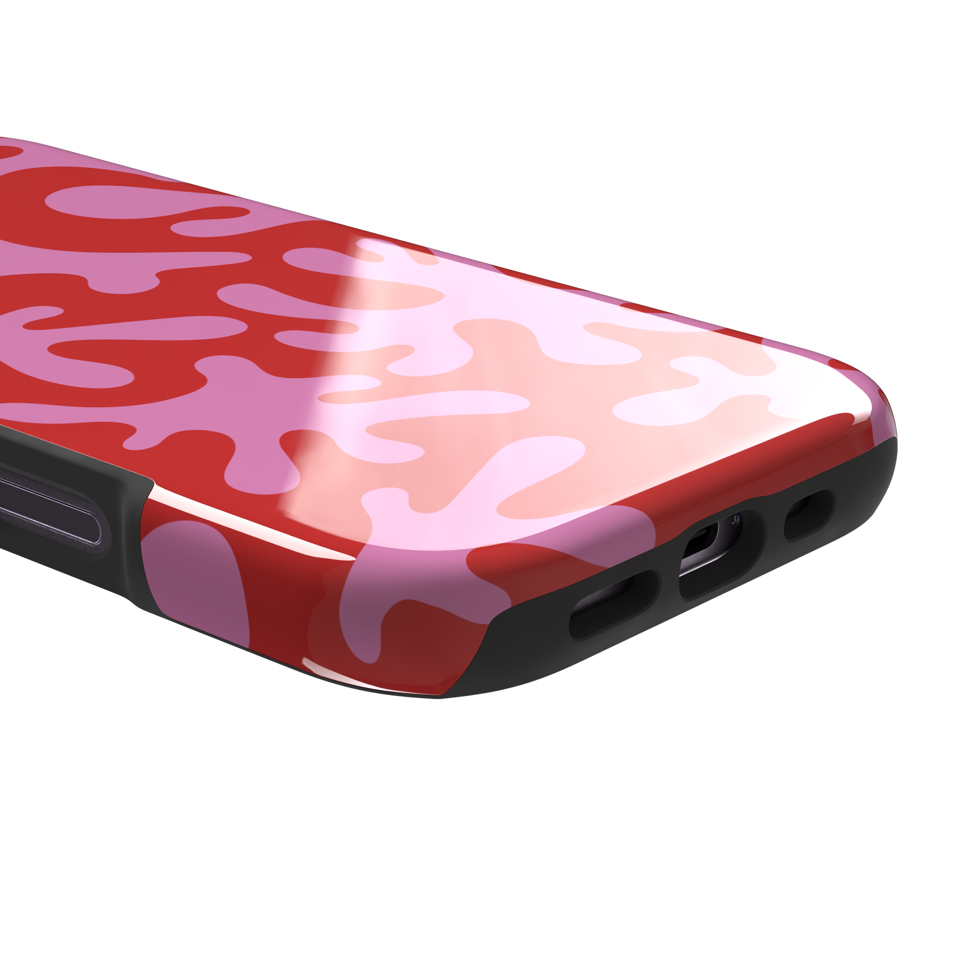 Coral Reef phone case in red and bubblegum pink with an all-over branching coral abstract pattern, phone case by Caselier — tough case, charging port detail