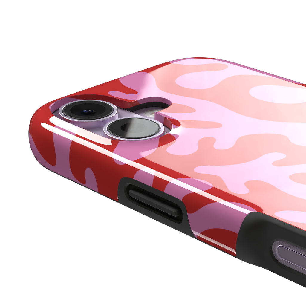 Coral Reef phone case in red and bubblegum pink with an all-over branching coral abstract pattern, phone case by Caselier — tough case, volume buttons detail