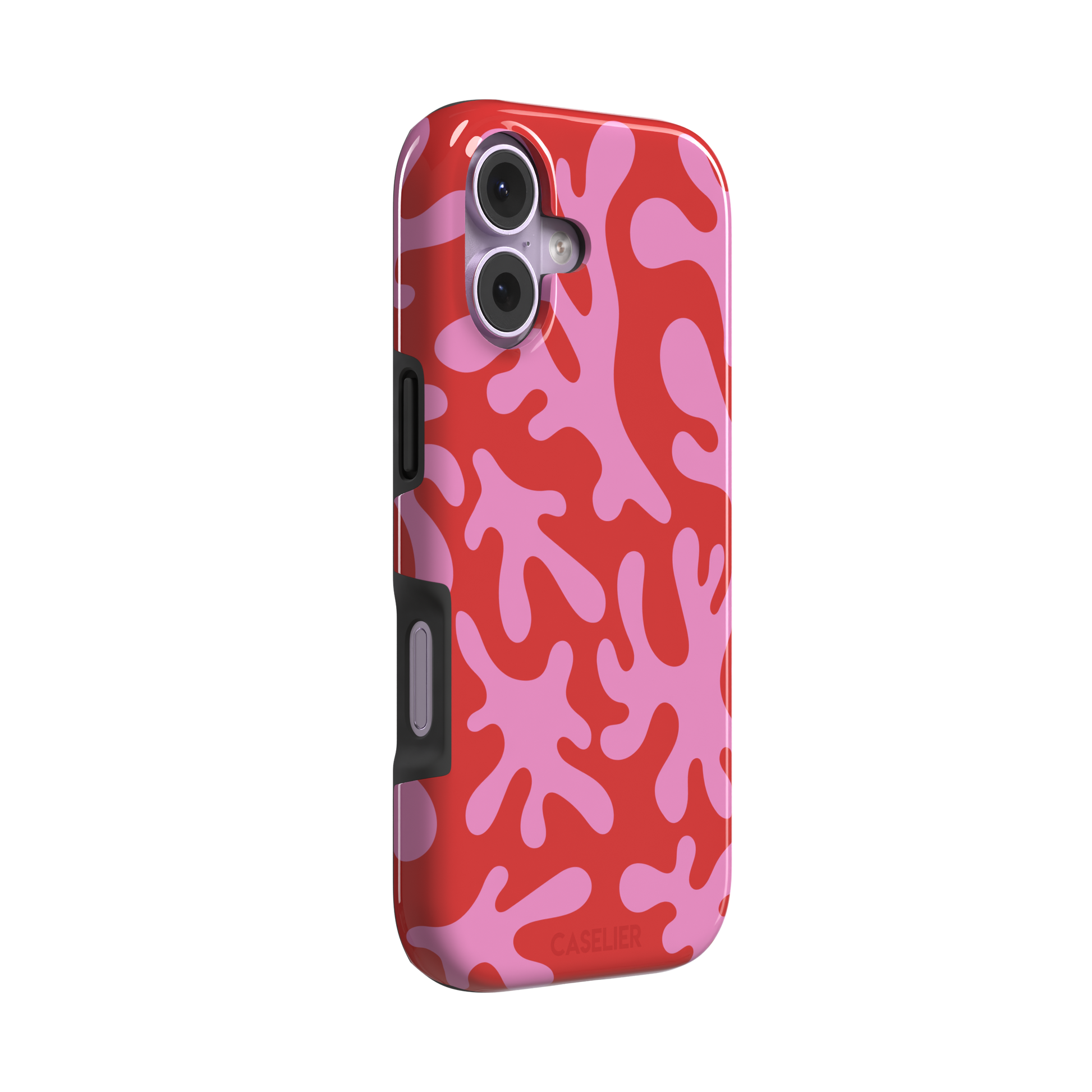 Coral Reef phone case in red and bubblegum pink with an all-over branching coral abstract pattern, phone case by Caselier — tough case, left view
