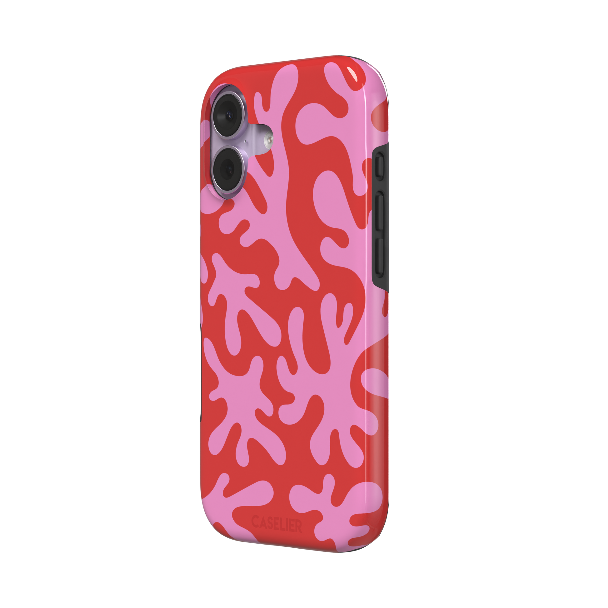 Coral Reef phone case in red and bubblegum pink with an all-over branching coral abstract pattern, phone case by Caselier — tough case, right view