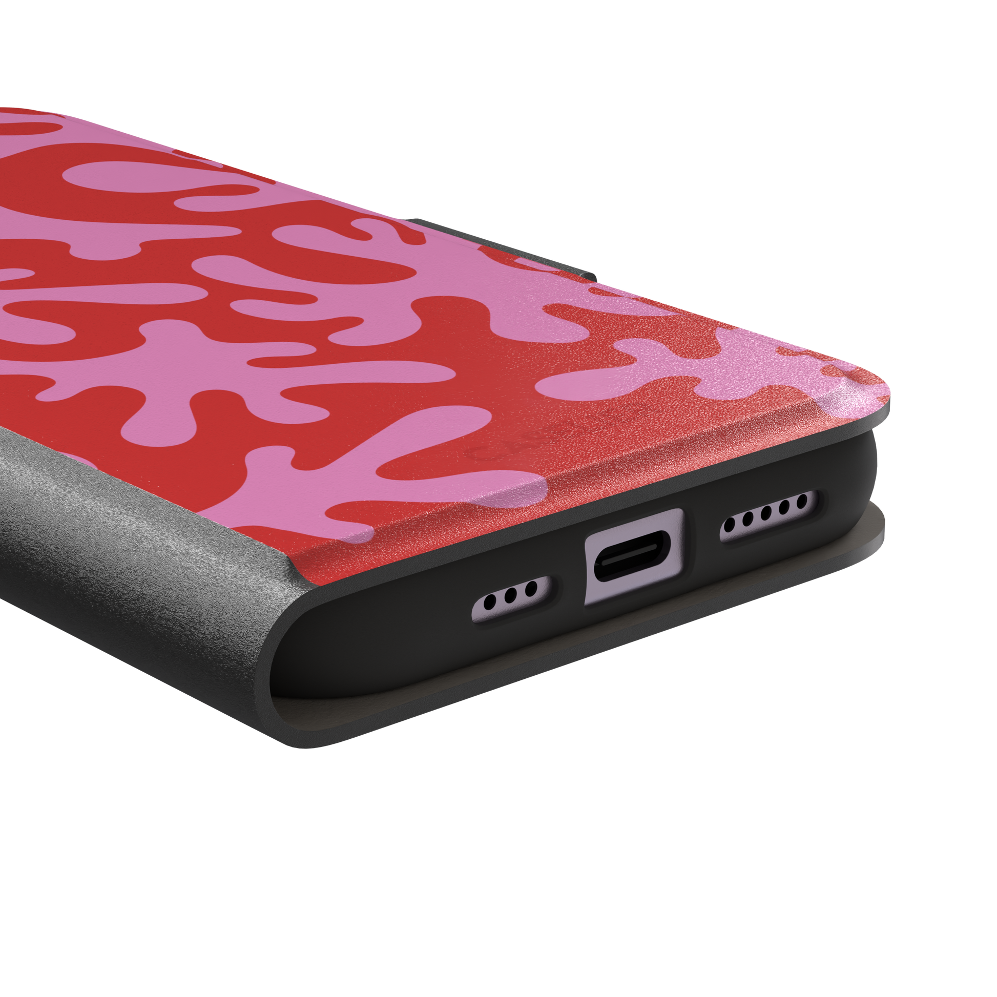 Coral Reef phone case in red and bubblegum pink with an all-over branching coral abstract pattern, phone case by Caselier — wallet case, charging port detail