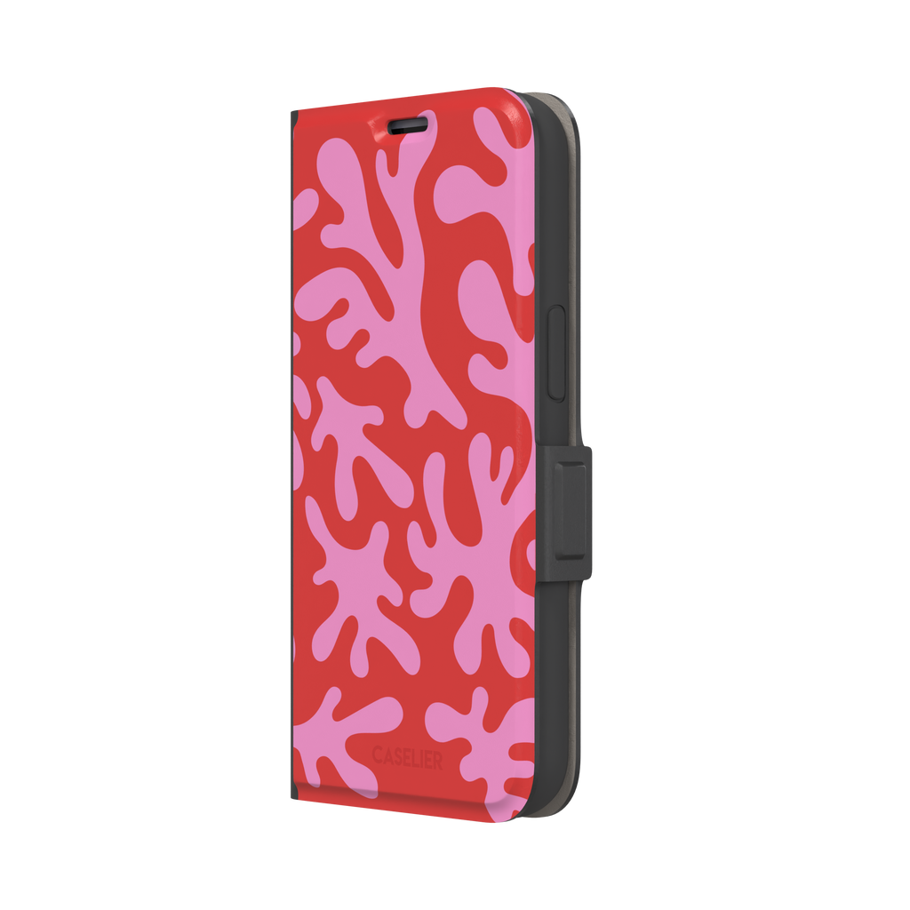 Coral Reef phone case in red and bubblegum pink with an all-over branching coral abstract pattern, phone case by Caselier — wallet case, right view