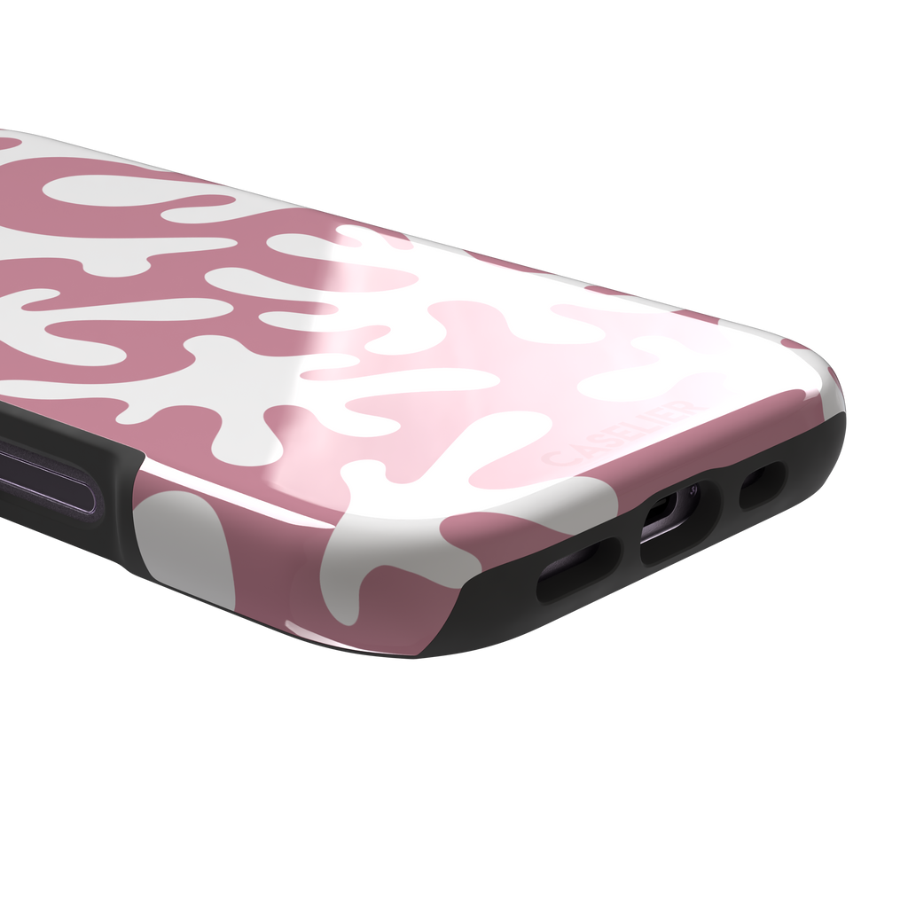Coral Reef phone case in dusty pink and white with an all-over branching coral abstract pattern, phone case by Caselier — tough case, charging port detail