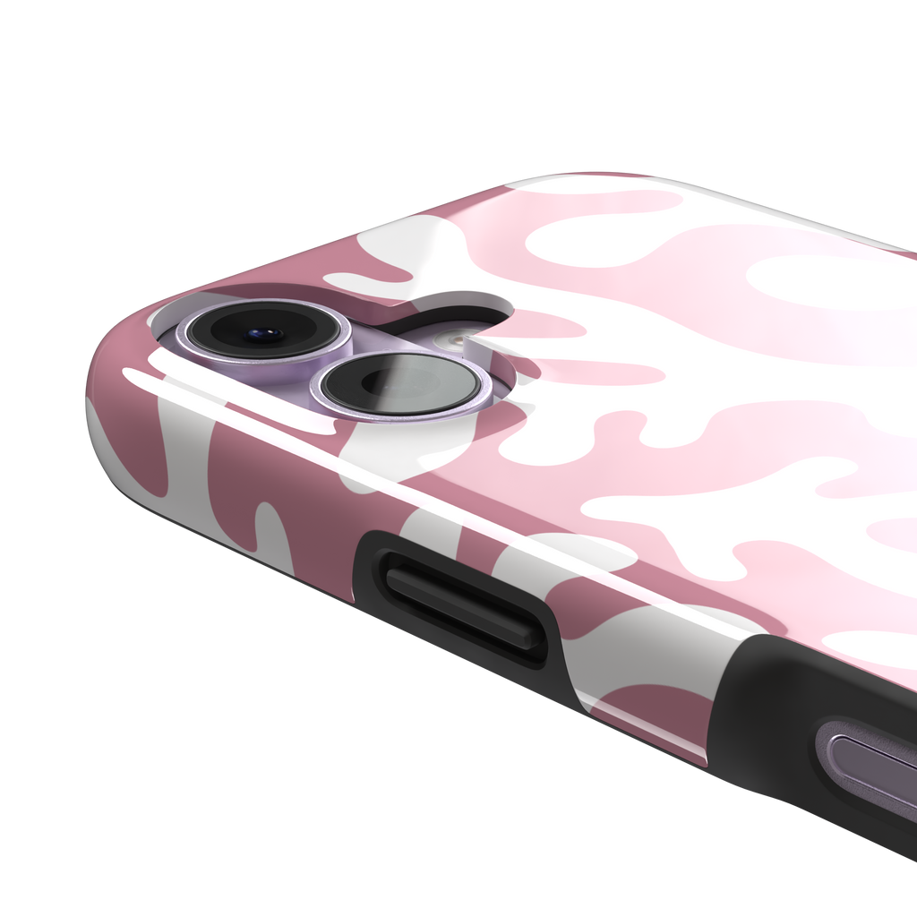 Coral Reef phone case in dusty pink and white with an all-over branching coral abstract pattern, phone case by Caselier — tough case, volume buttons detail
