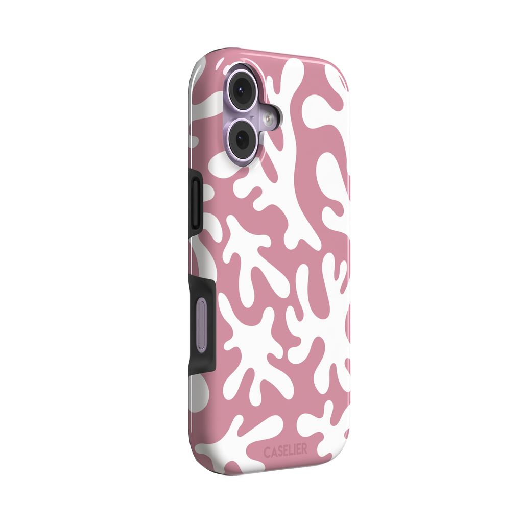 Coral Reef phone case in dusty pink and white with an all-over branching coral abstract pattern, phone case by Caselier — tough case, left view
