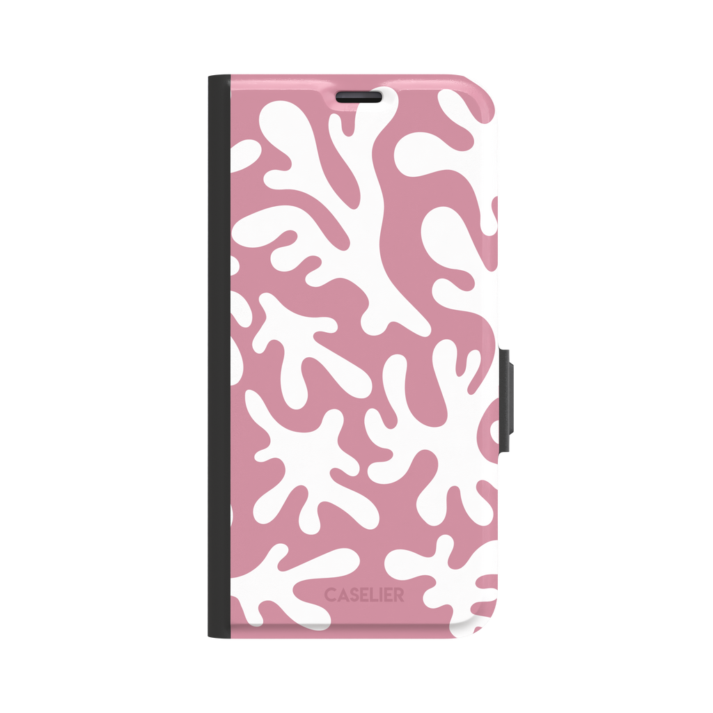 Coral Reef phone case in dusty pink and white with an all-over branching coral abstract pattern, phone case by Caselier — wallet case, front view