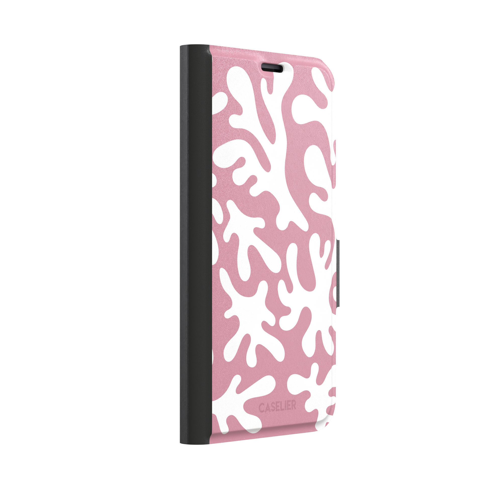 Coral Reef phone case in dusty pink and white with an all-over branching coral abstract pattern, phone case by Caselier — wallet case, left view