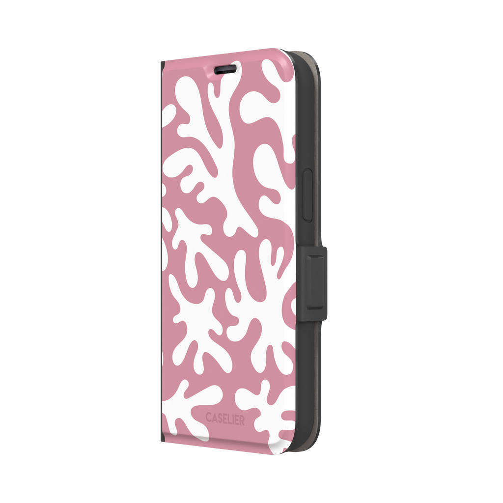 Coral Reef phone case in dusty pink and white with an all-over branching coral abstract pattern, phone case by Caselier — wallet case, right view