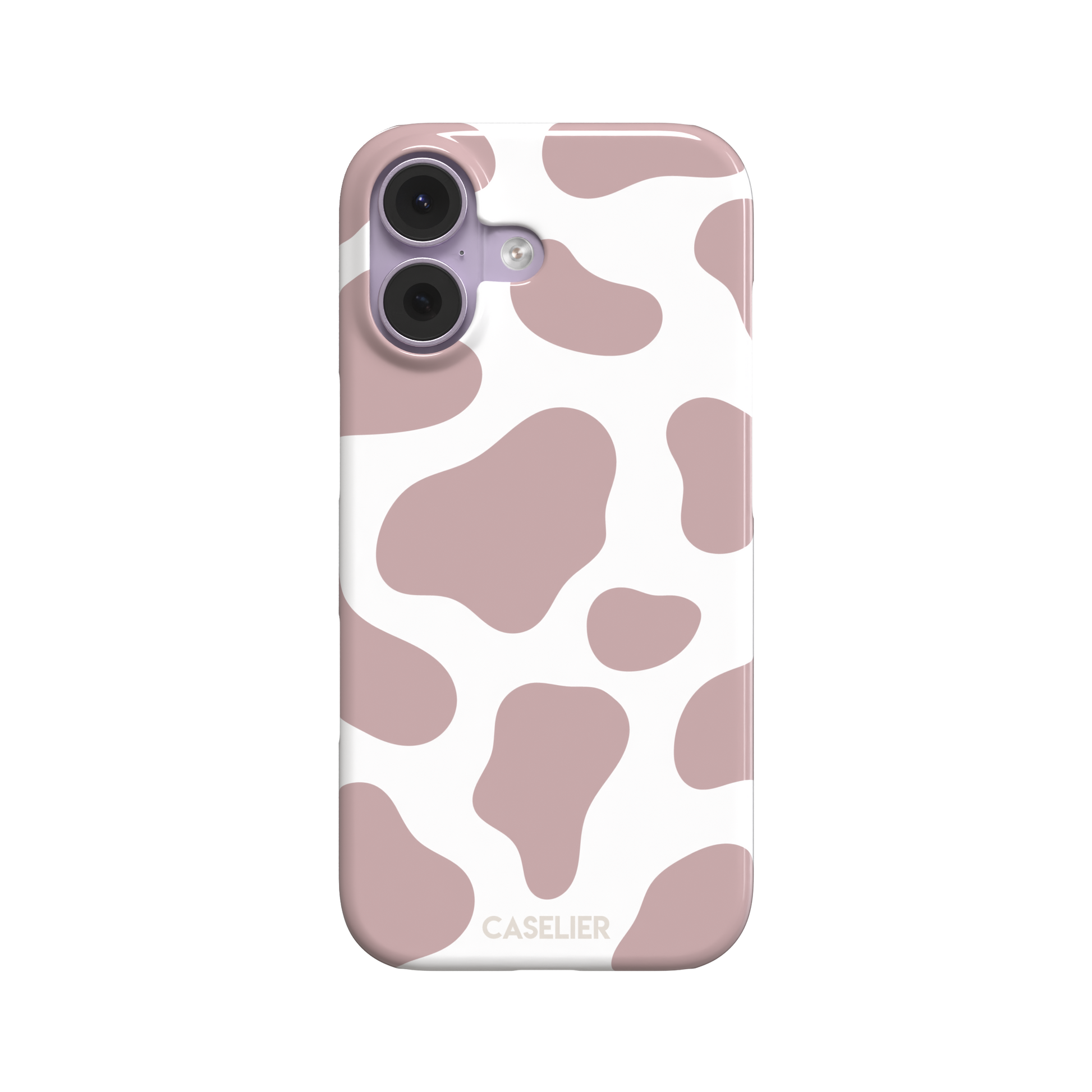 Cow print phone case in dusty rose pink and white with large soft-edged spots across the full back, phone case by Caselier — snap case, front view