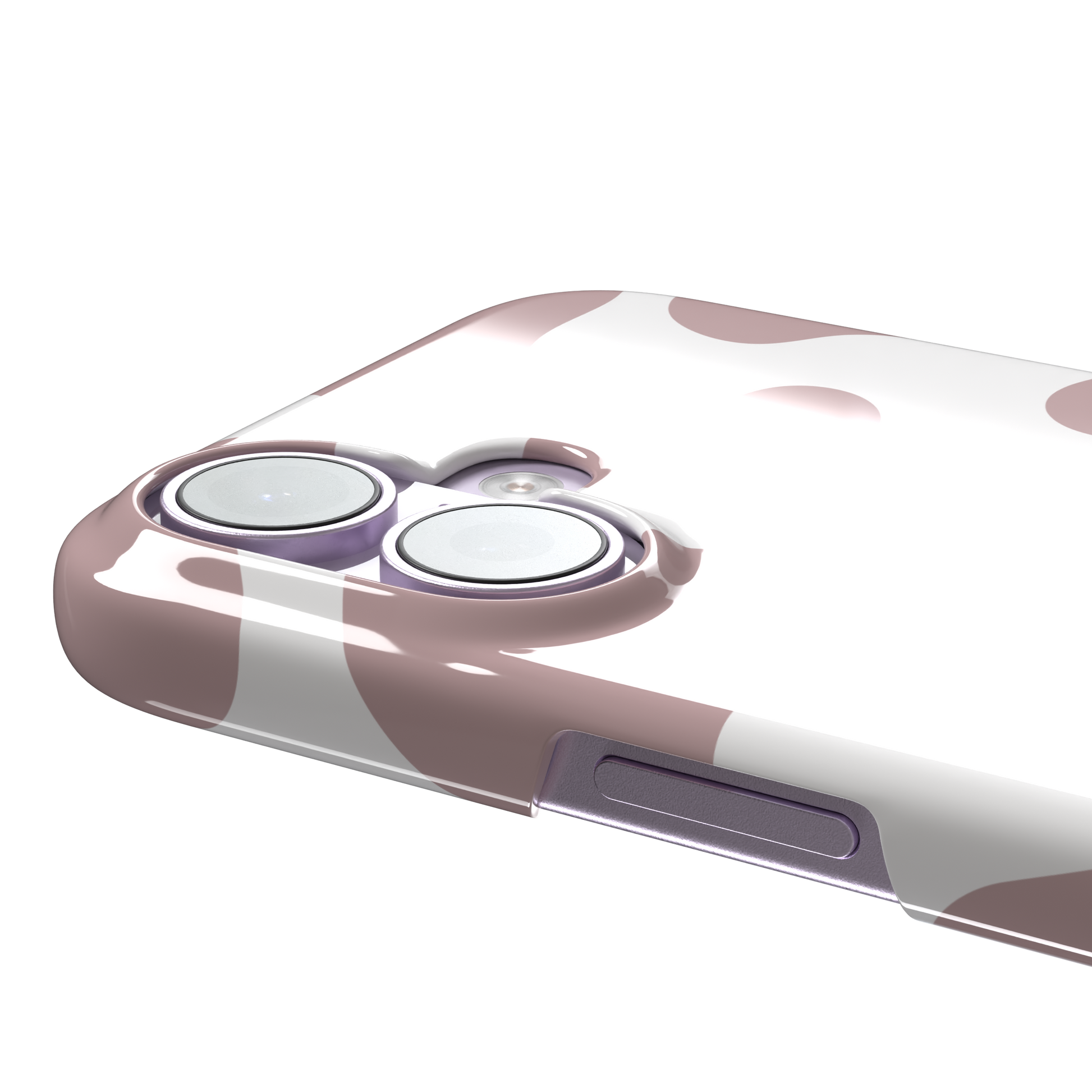 Cow print phone case in dusty rose pink and white with large soft-edged spots across the full back, phone case by Caselier — snap case, volume buttons detail