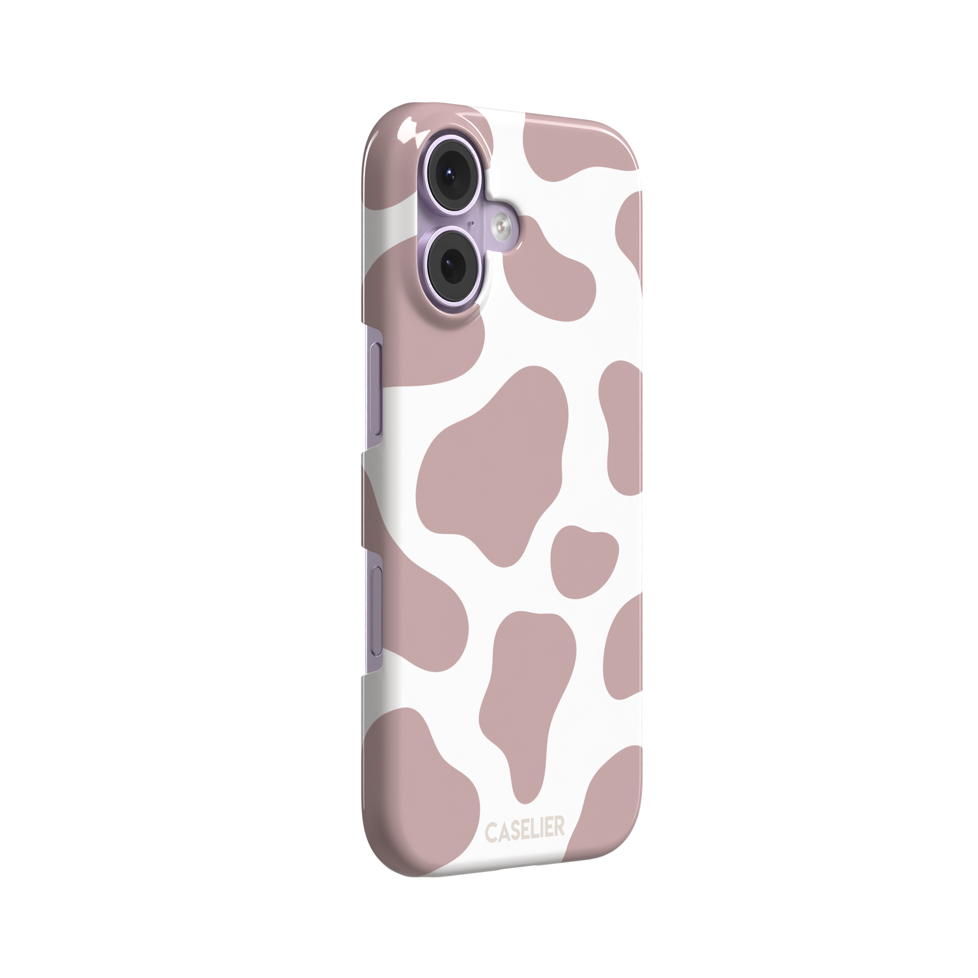 Cow print phone case in dusty rose pink and white with large soft-edged spots across the full back, phone case by Caselier — snap case, left view