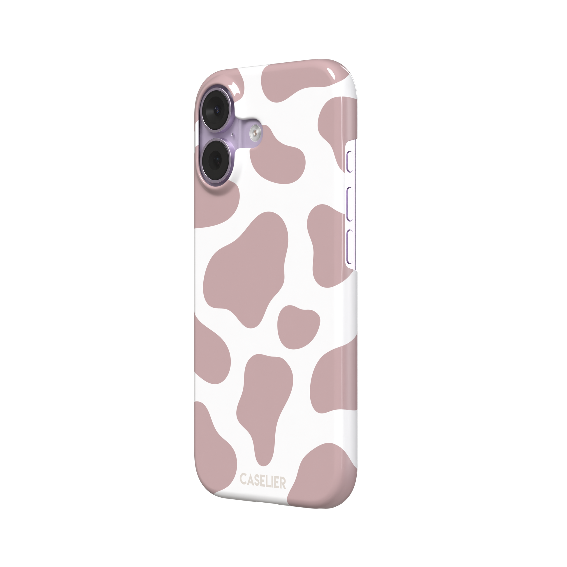 Cow print phone case in dusty rose pink and white with large soft-edged spots across the full back, phone case by Caselier — snap case, right view
