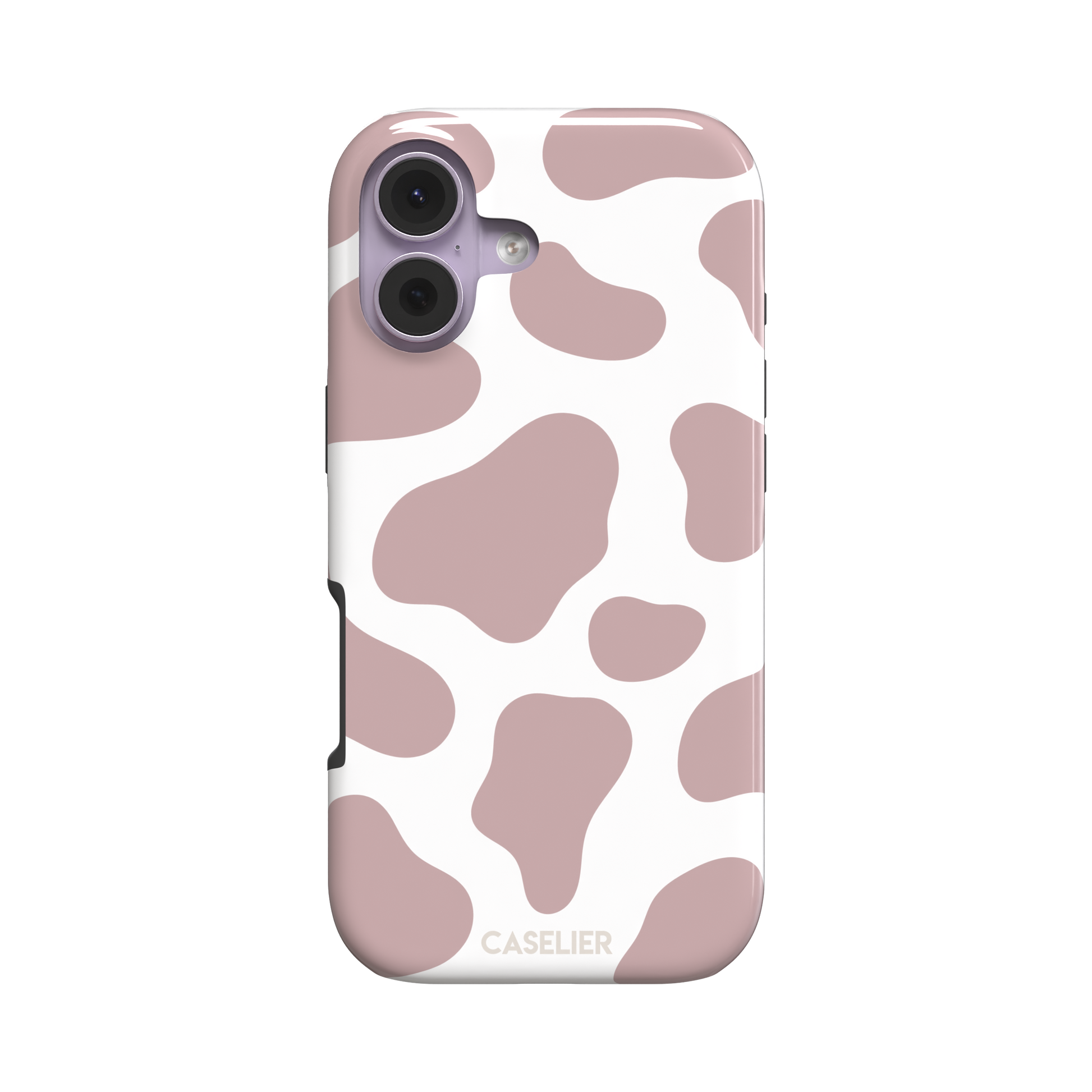 Cow print phone case in dusty rose pink and white with large soft-edged spots across the full back, phone case by Caselier — tough case, front view