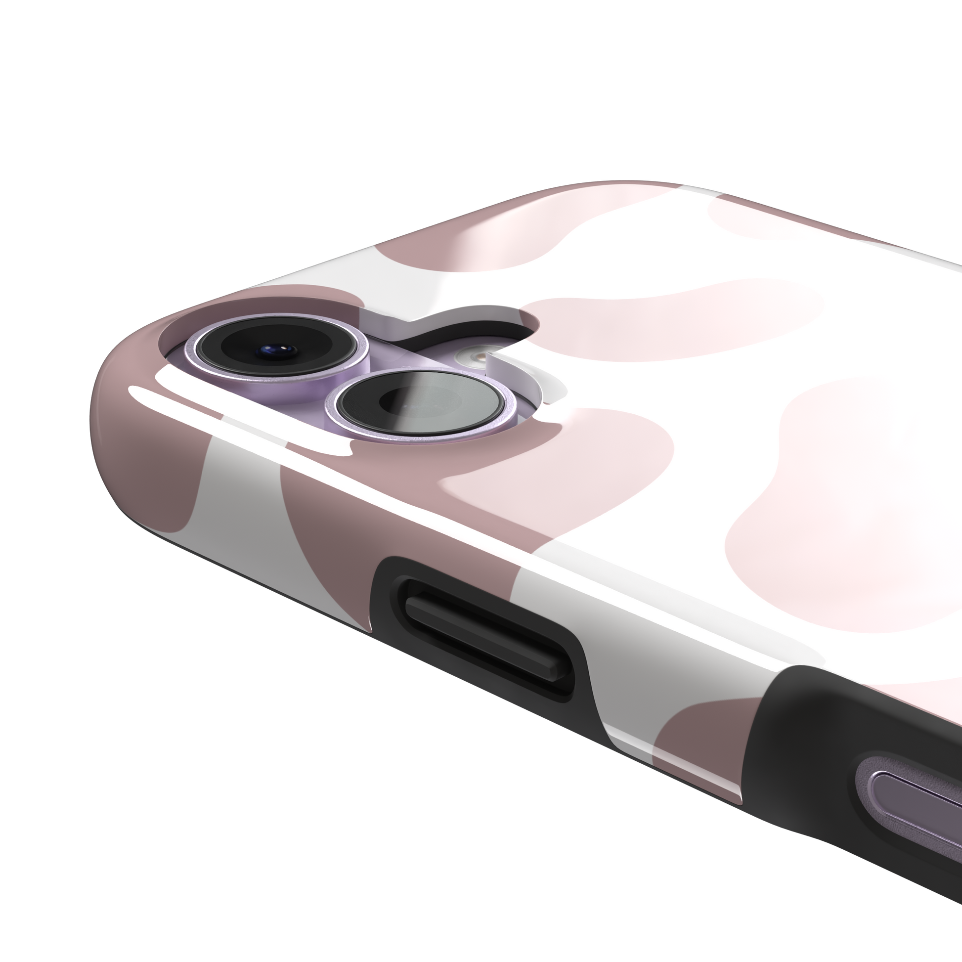 Cow print phone case in dusty rose pink and white with large soft-edged spots across the full back, phone case by Caselier — tough case, volume buttons detail