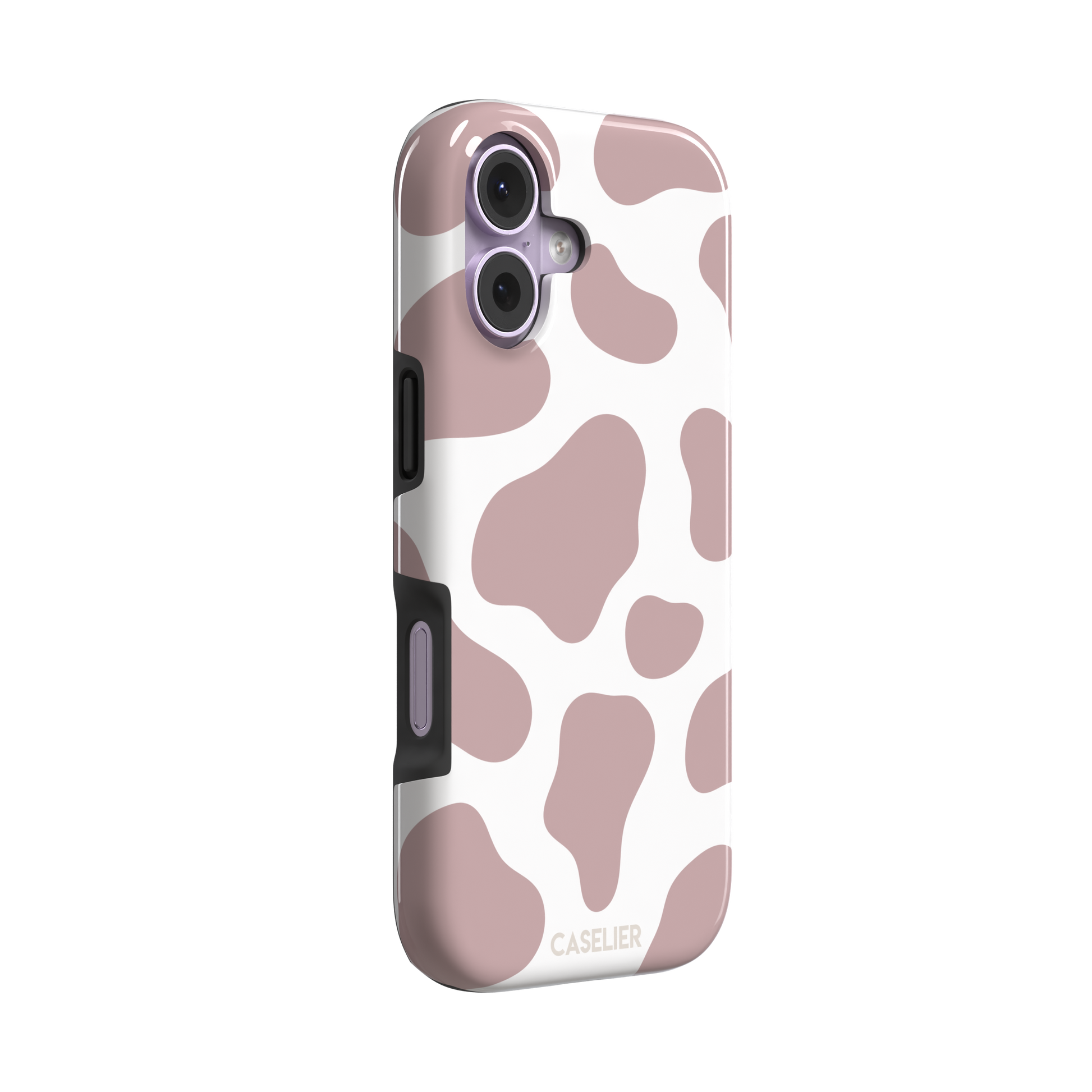 Cow print phone case in dusty rose pink and white with large soft-edged spots across the full back, phone case by Caselier — tough case, left view