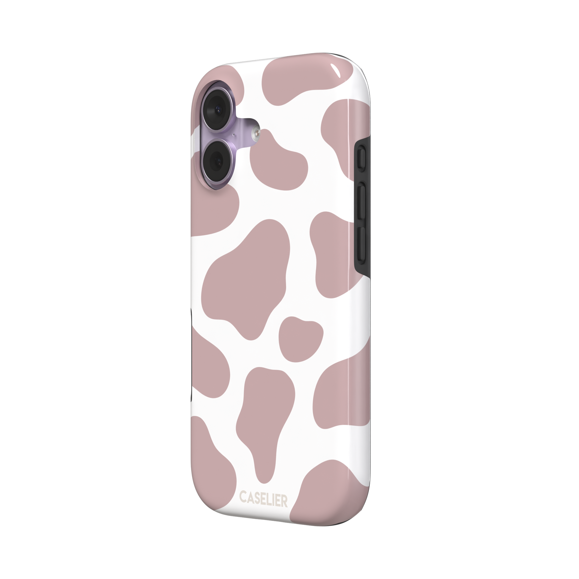 Cow print phone case in dusty rose pink and white with large soft-edged spots across the full back, phone case by Caselier — tough case, right view