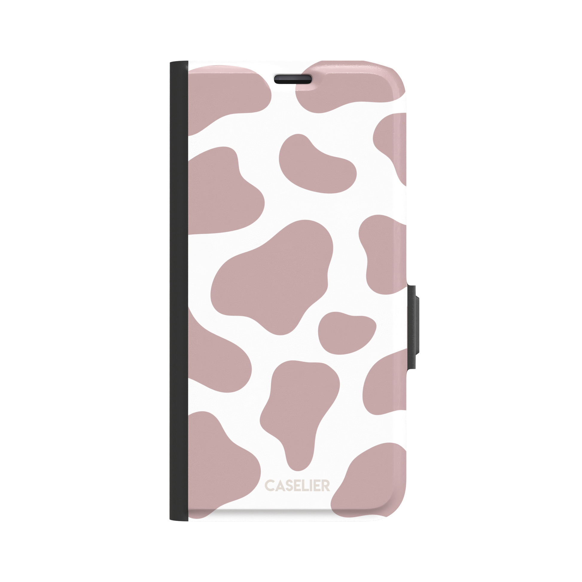 Cow print phone case in dusty rose pink and white with large soft-edged spots across the full back, phone case by Caselier — wallet case, front view