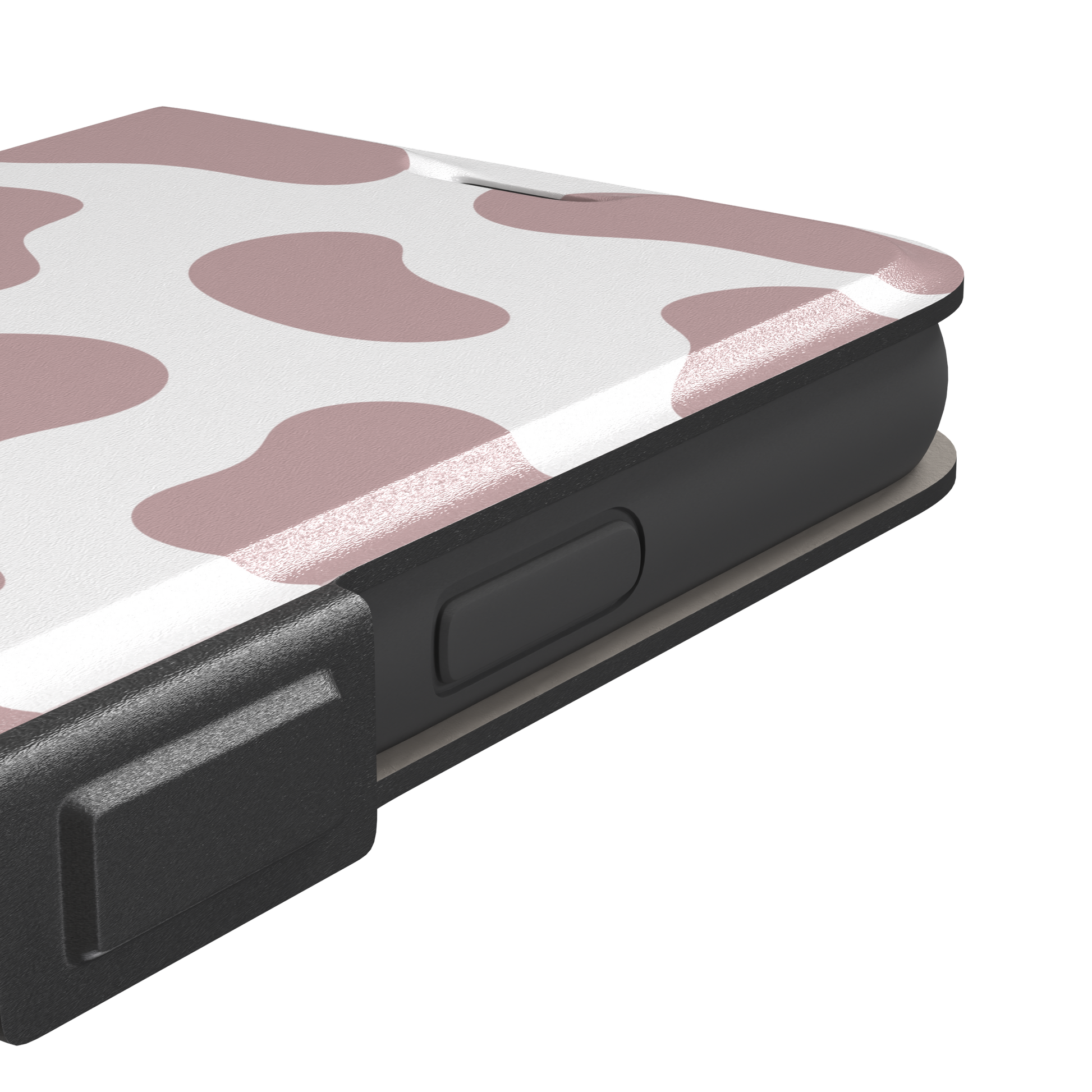Cow print phone case in dusty rose pink and white with large soft-edged spots across the full back, phone case by Caselier — wallet case, volume buttons detail