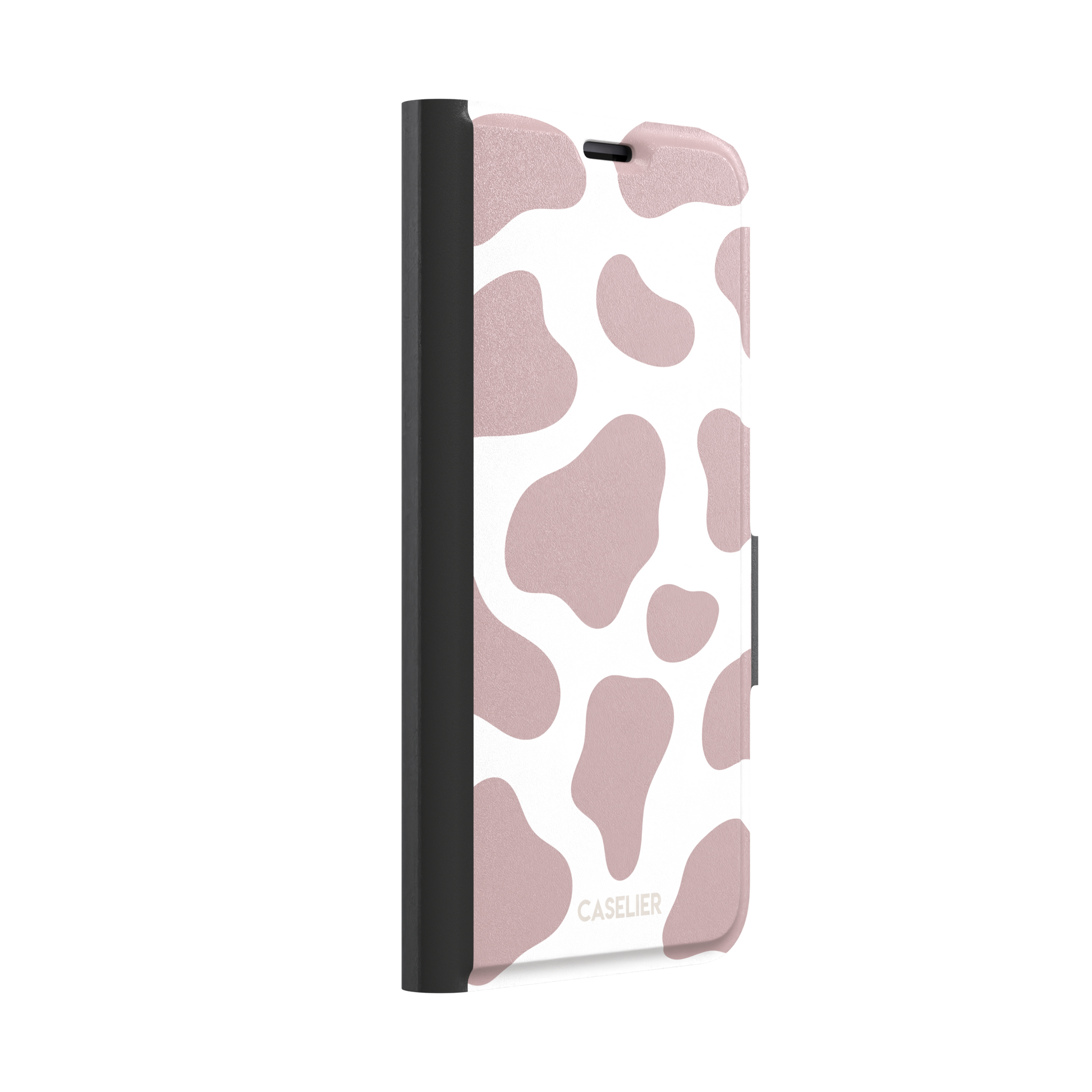 Cow print phone case in dusty rose pink and white with large soft-edged spots across the full back, phone case by Caselier — wallet case, left view