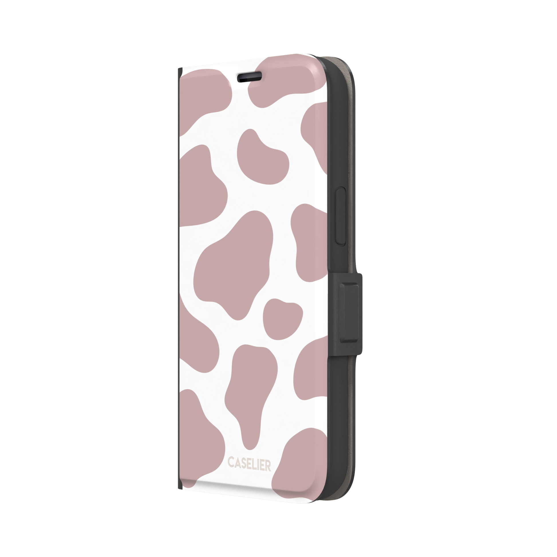 Cow print phone case in dusty rose pink and white with large soft-edged spots across the full back, phone case by Caselier — wallet case, right view