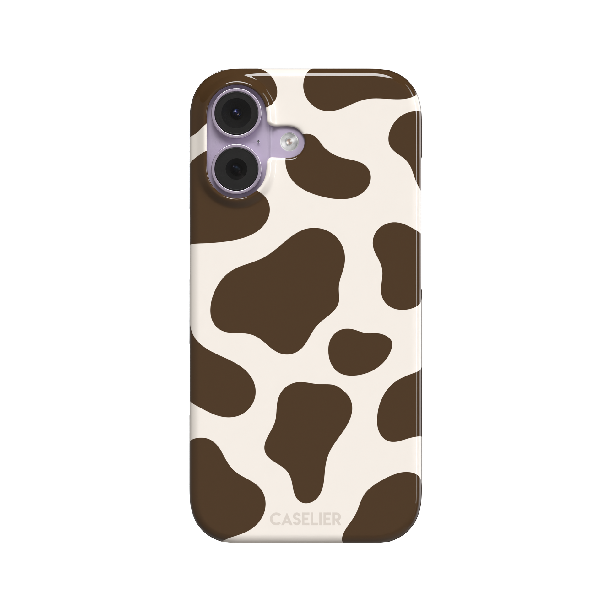 Cow print phone case in deep brown and cream with large irregular spots covering the full back, phone case by Caselier — snap case, front view