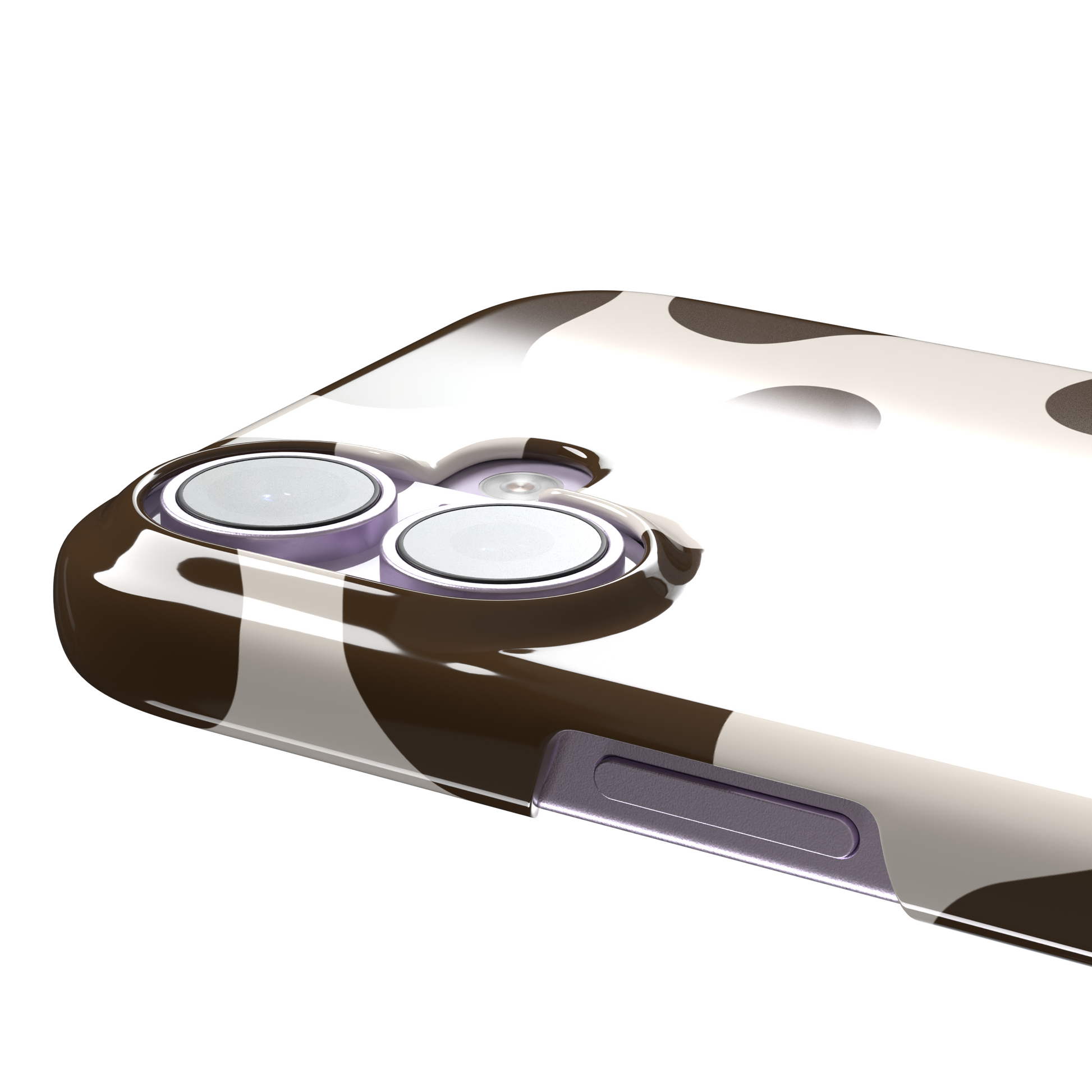 Cow print phone case in deep brown and cream with large irregular spots covering the full back, phone case by Caselier — snap case, volume buttons detail