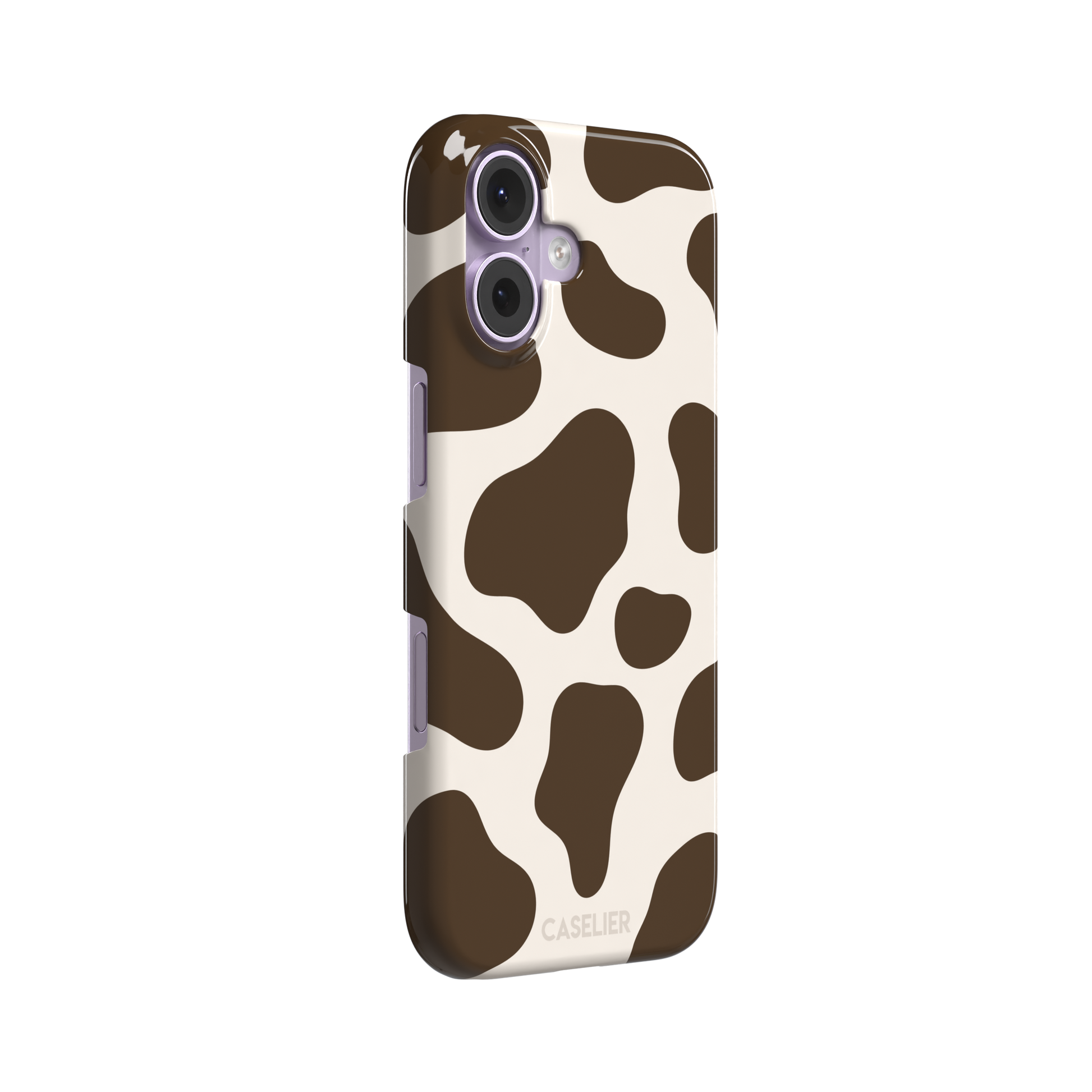 Cow print phone case in deep brown and cream with large irregular spots covering the full back, phone case by Caselier — snap case, left view