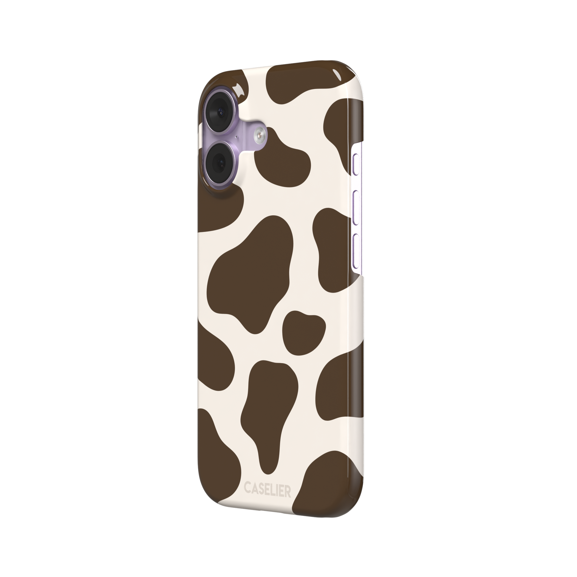 Cow print phone case in deep brown and cream with large irregular spots covering the full back, phone case by Caselier — snap case, right view