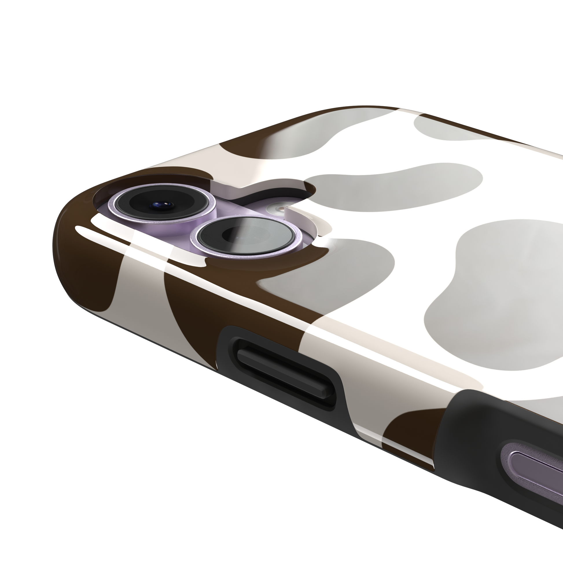 Cow print phone case in deep brown and cream with large irregular spots covering the full back, phone case by Caselier — tough case, volume buttons detail