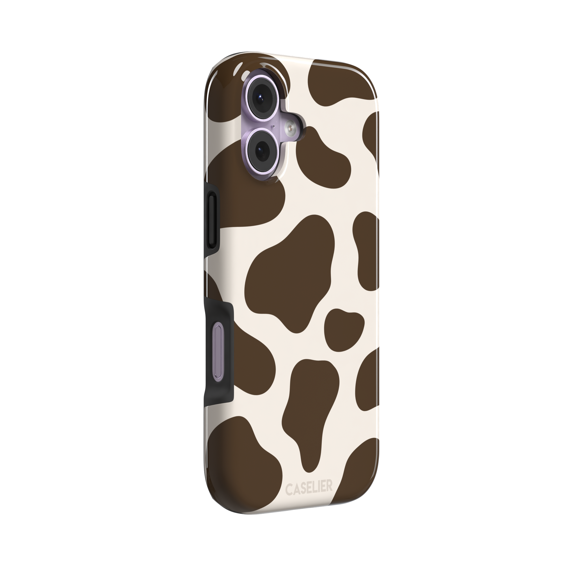 Cow print phone case in deep brown and cream with large irregular spots covering the full back, phone case by Caselier — tough case, left view
