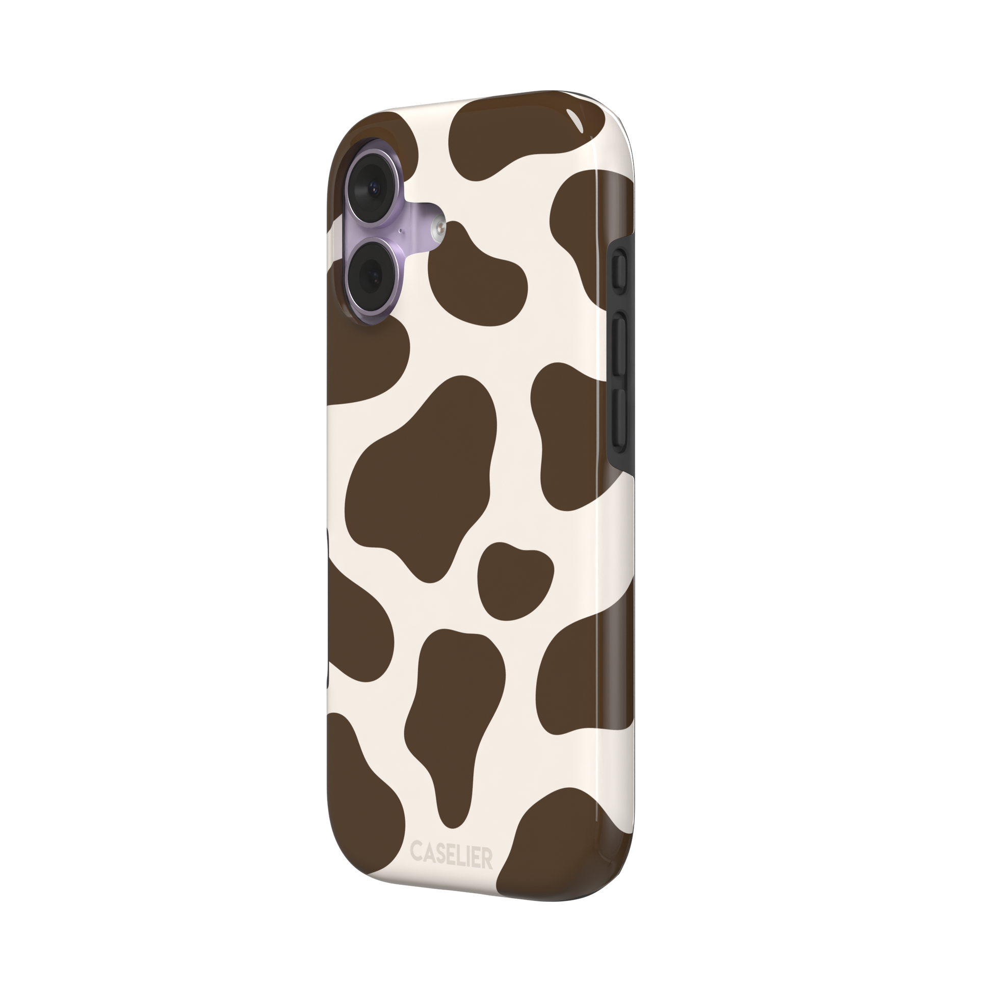 Cow print phone case in deep brown and cream with large irregular spots covering the full back, phone case by Caselier — tough case, right view