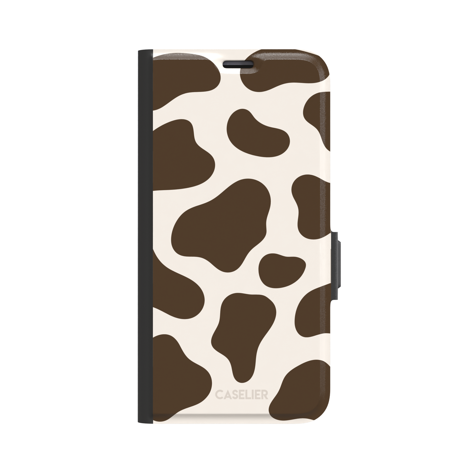 Cow print phone case in deep brown and cream with large irregular spots covering the full back, phone case by Caselier — wallet case, front view