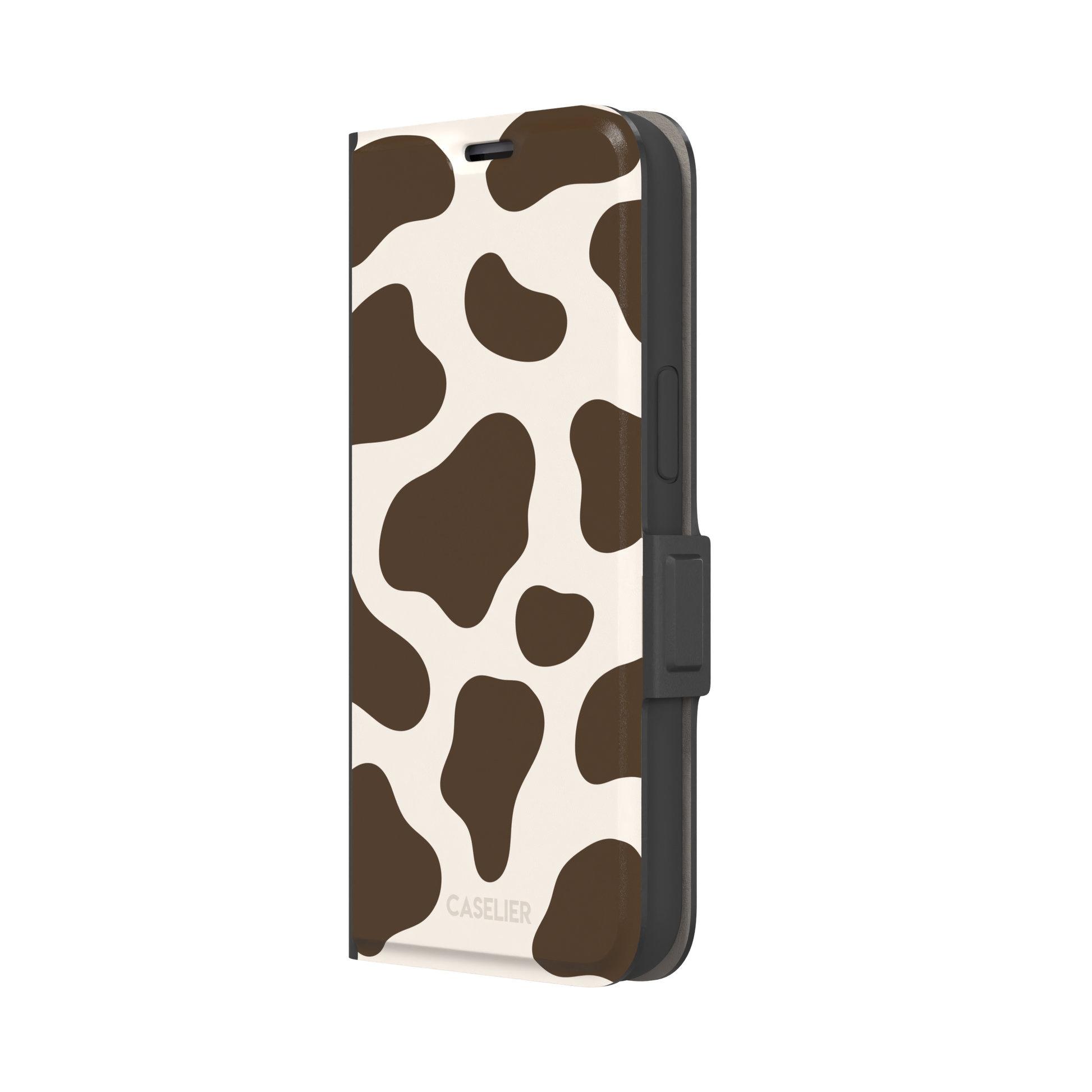 Cow print phone case in deep brown and cream with large irregular spots covering the full back, phone case by Caselier — wallet case, right view