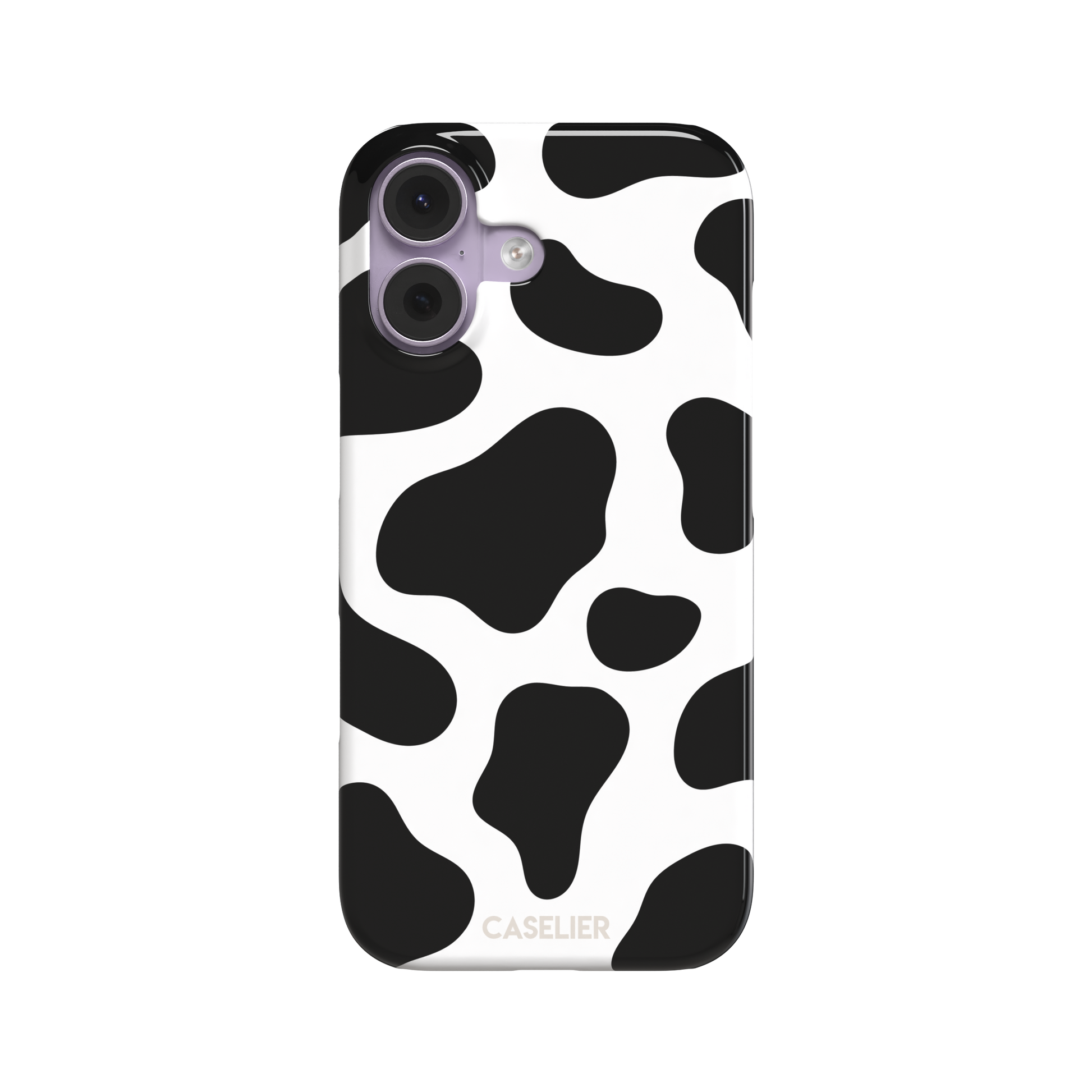 Cow print phone case in black and white with bold oversized spots on a clean white background, phone case by Caselier — snap case, front view