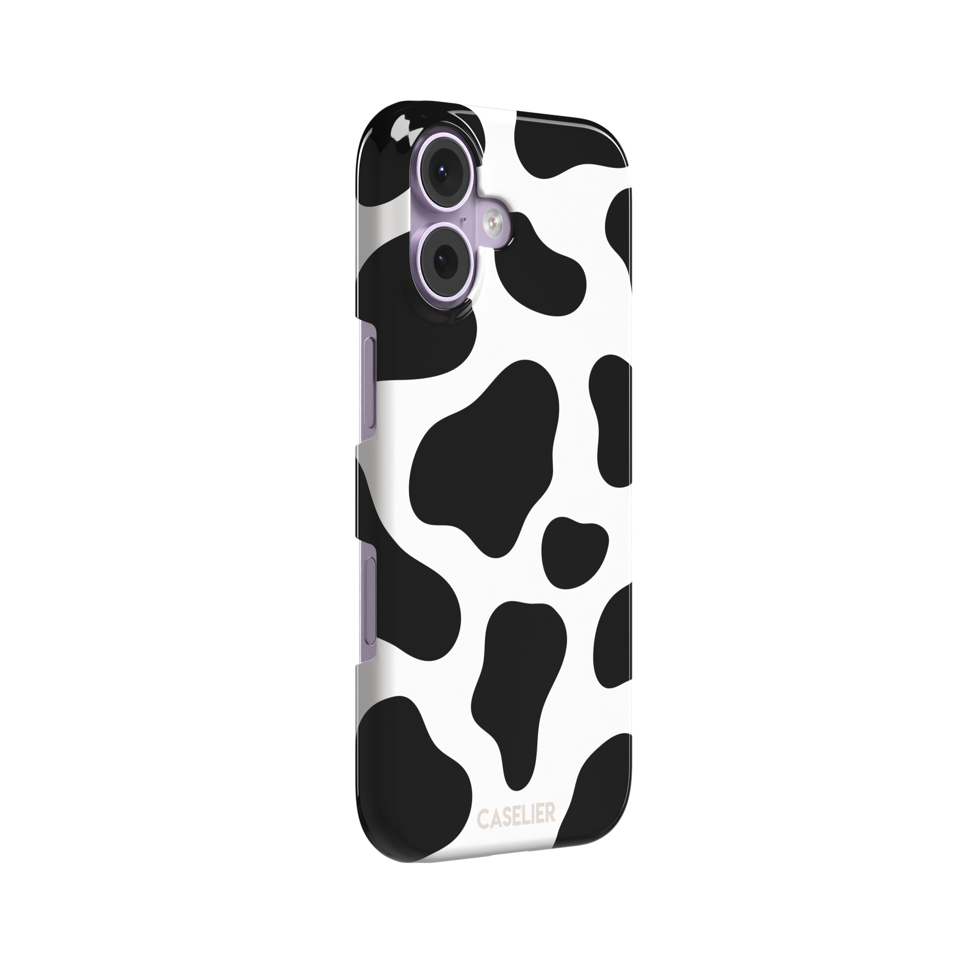 Cow print phone case in black and white with bold oversized spots on a clean white background, phone case by Caselier — snap case, left view