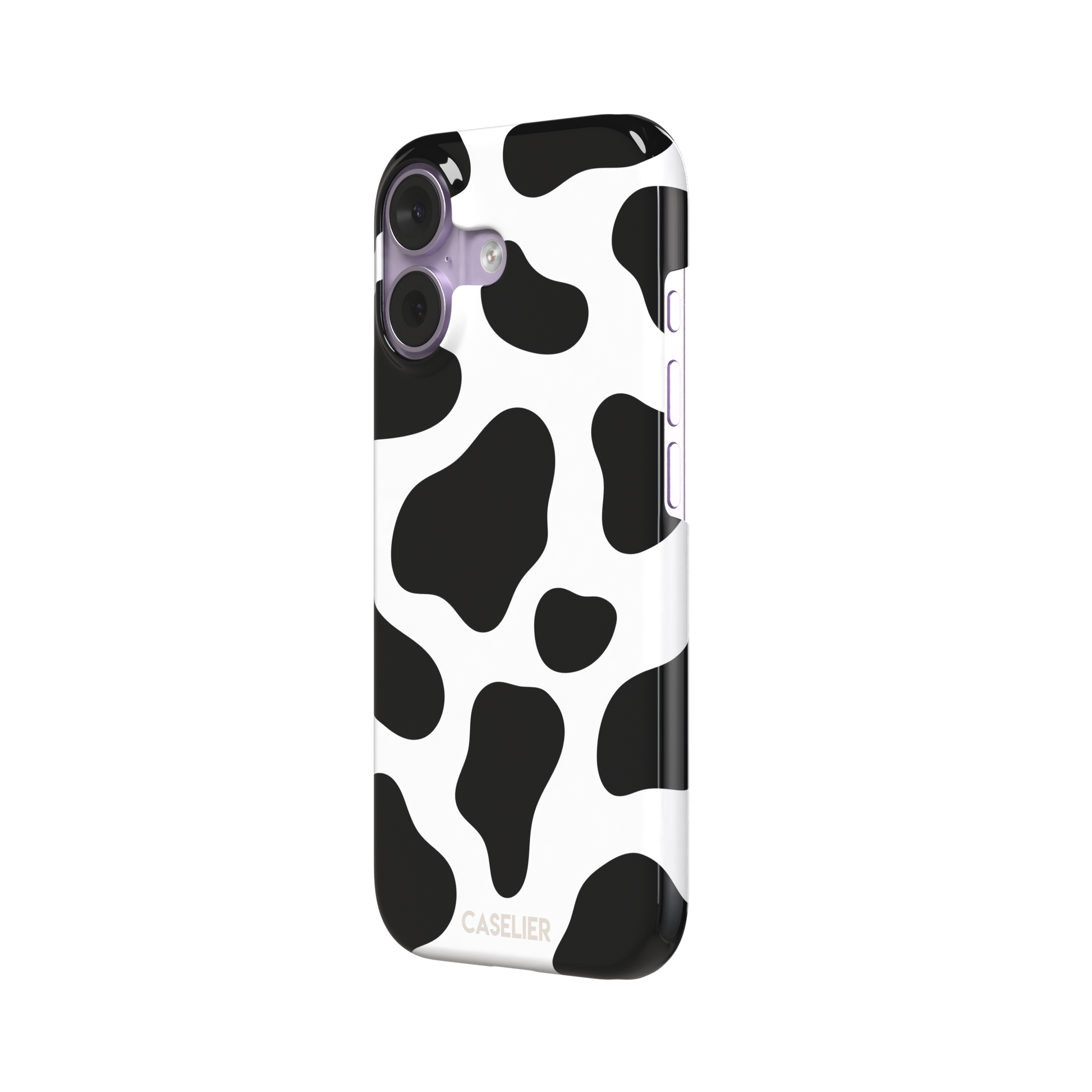 Cow print phone case in black and white with bold oversized spots on a clean white background, phone case by Caselier — snap case, right view
