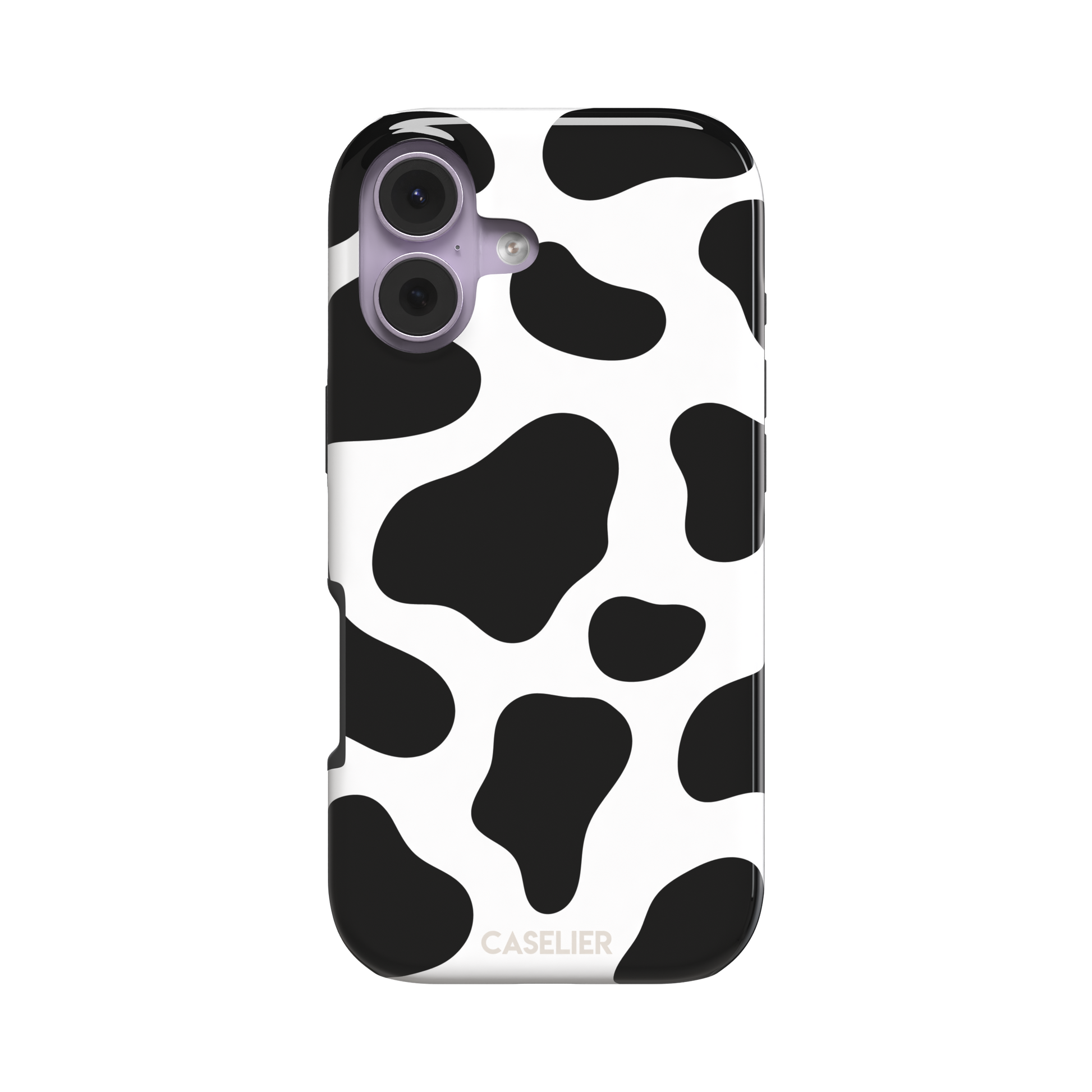 Cow print phone case in black and white with bold oversized spots on a clean white background, phone case by Caselier — tough case, front view