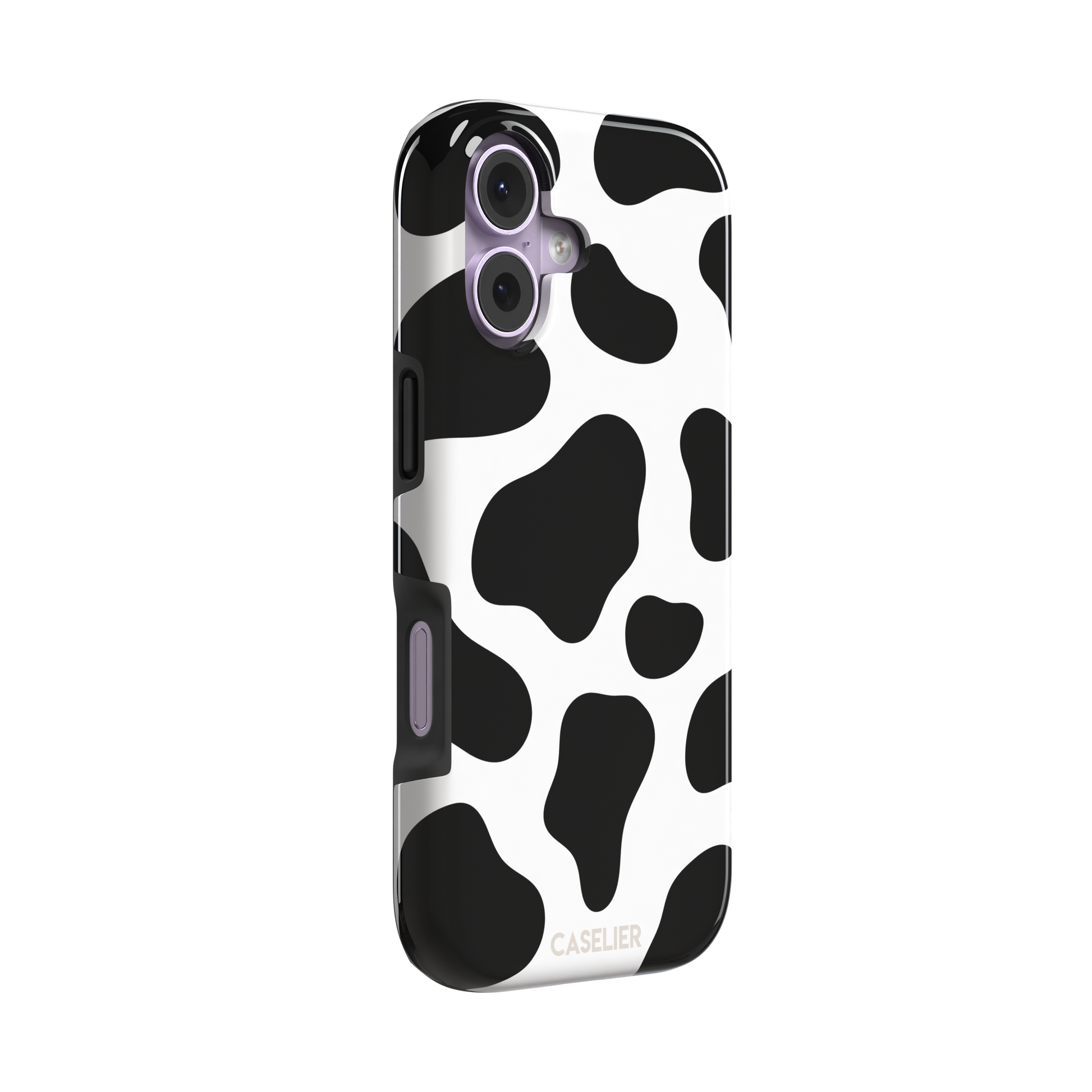 Cow print phone case in black and white with bold oversized spots on a clean white background, phone case by Caselier — tough case, left view