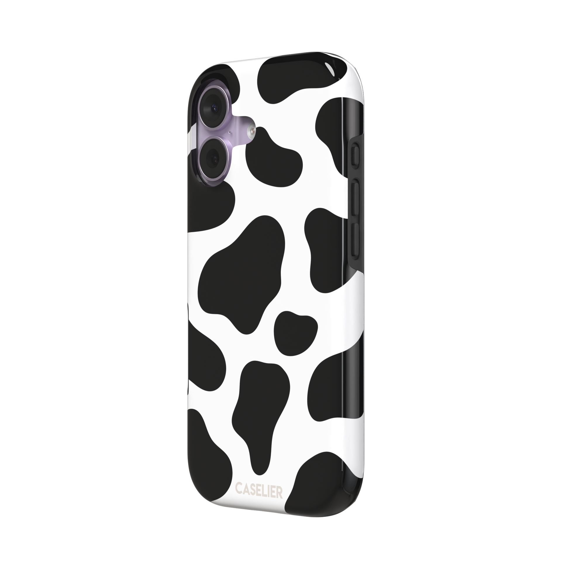 Cow print phone case in black and white with bold oversized spots on a clean white background, phone case by Caselier — tough case, right view