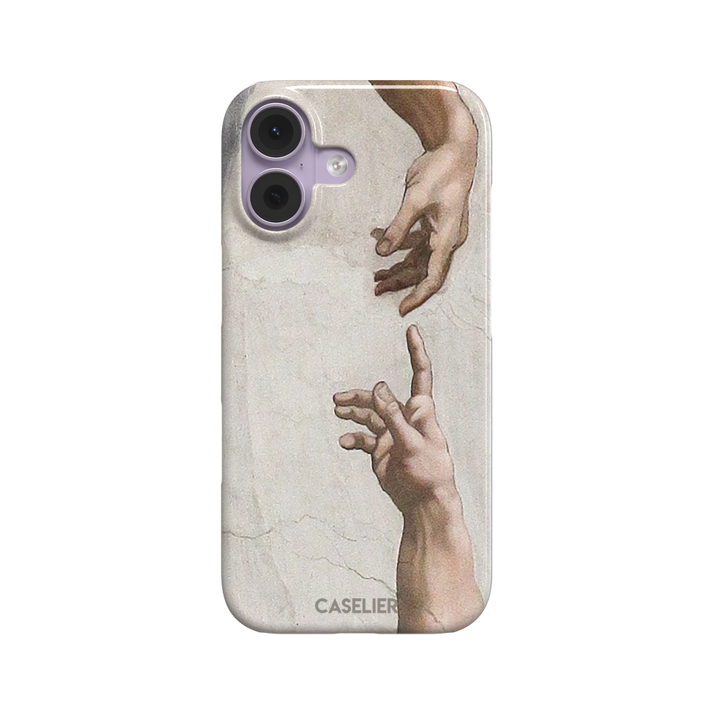 Creation of Adam phone case showing Michelangelo's two reaching hands in warm ivory and skin tones against a cracked fresco background, phone case by Caselier — snap case, front view