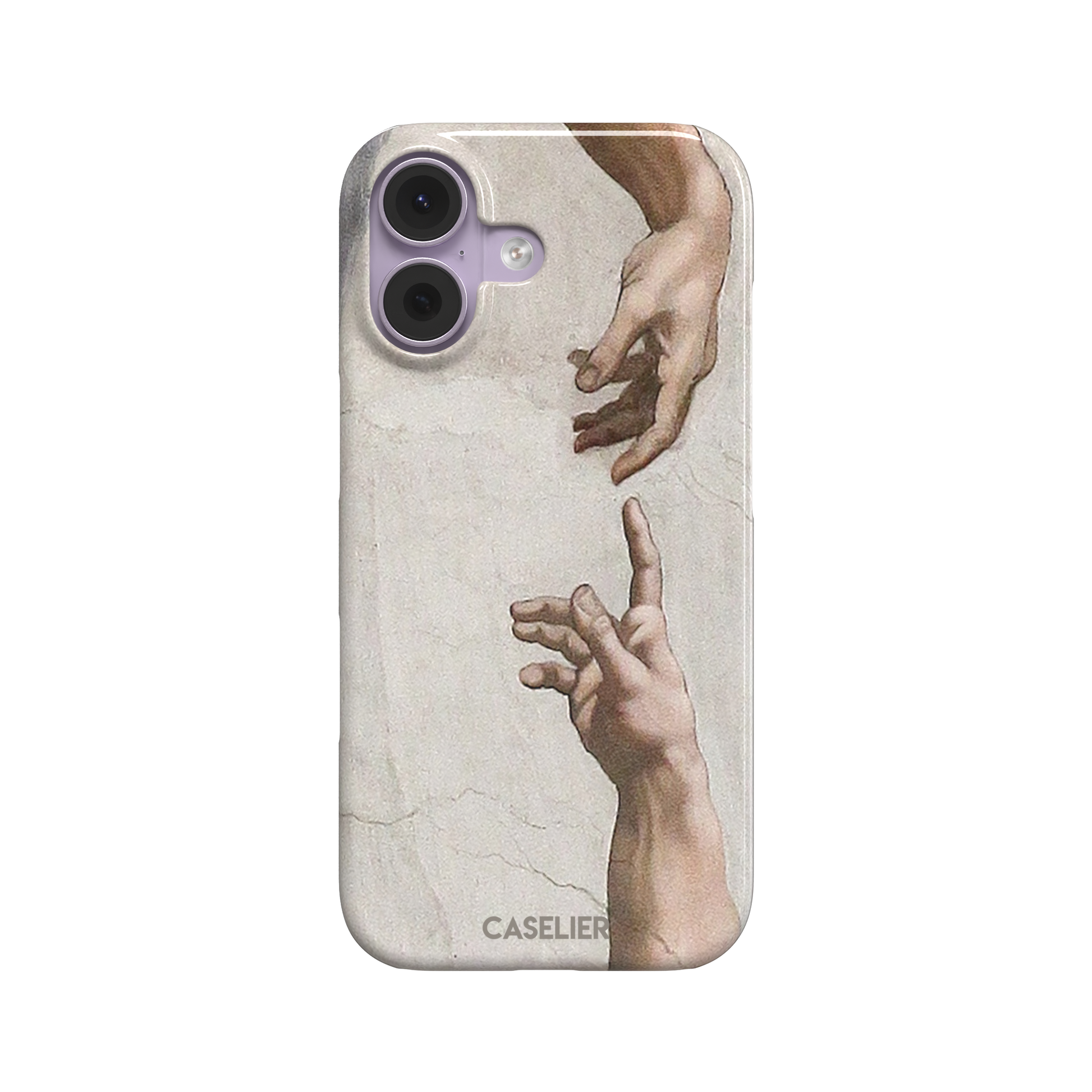 Creation of Adam phone case showing Michelangelo's two reaching hands in warm ivory and skin tones against a cracked fresco background, phone case by Caselier — snap case, front view