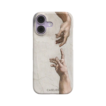 Creation of Adam phone case showing Michelangelo's two reaching hands in warm ivory and skin tones against a cracked fresco background, phone case by Caselier — snap case, front view