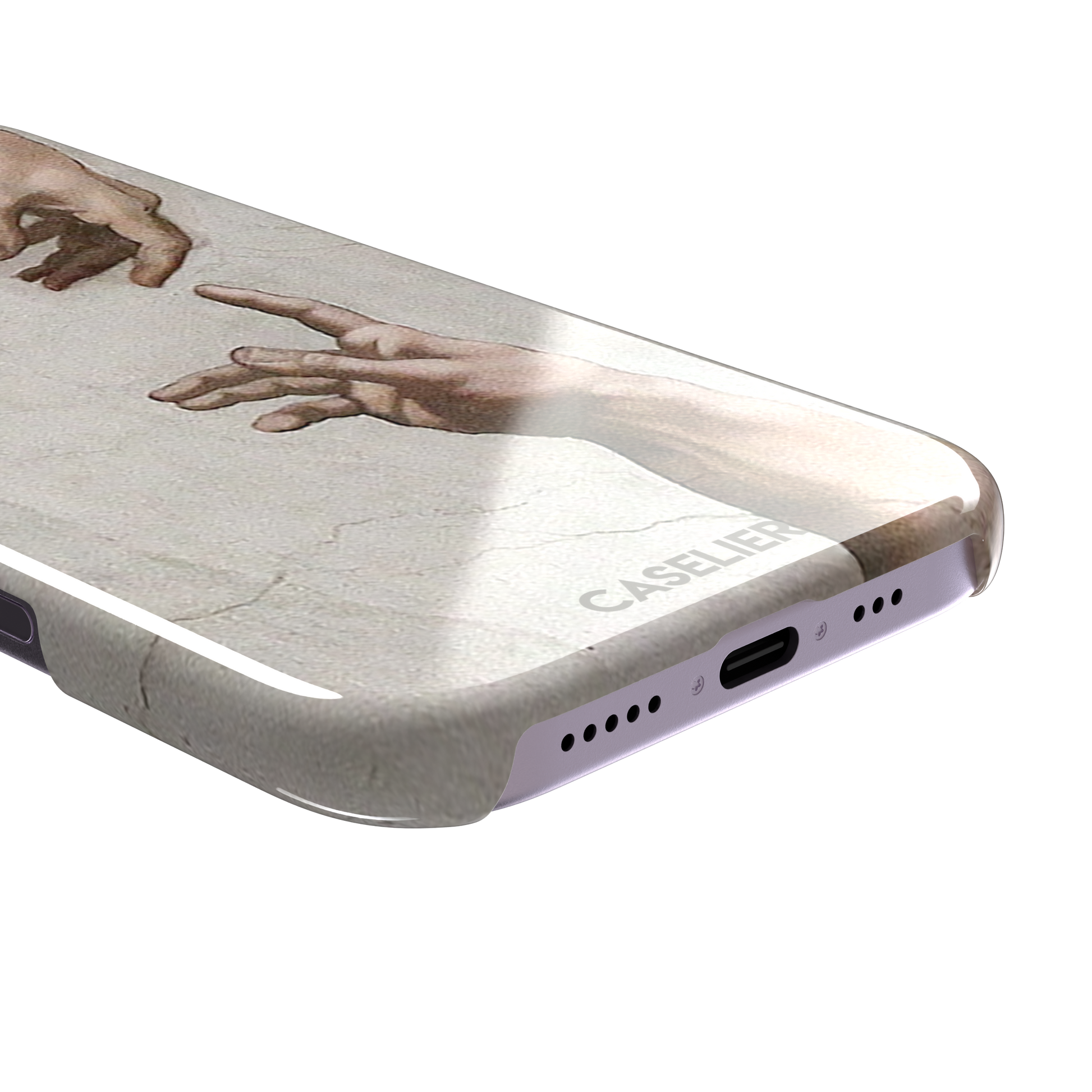 Creation of Adam phone case showing Michelangelo's two reaching hands in warm ivory and skin tones against a cracked fresco background, phone case by Caselier — snap case, charging port detail