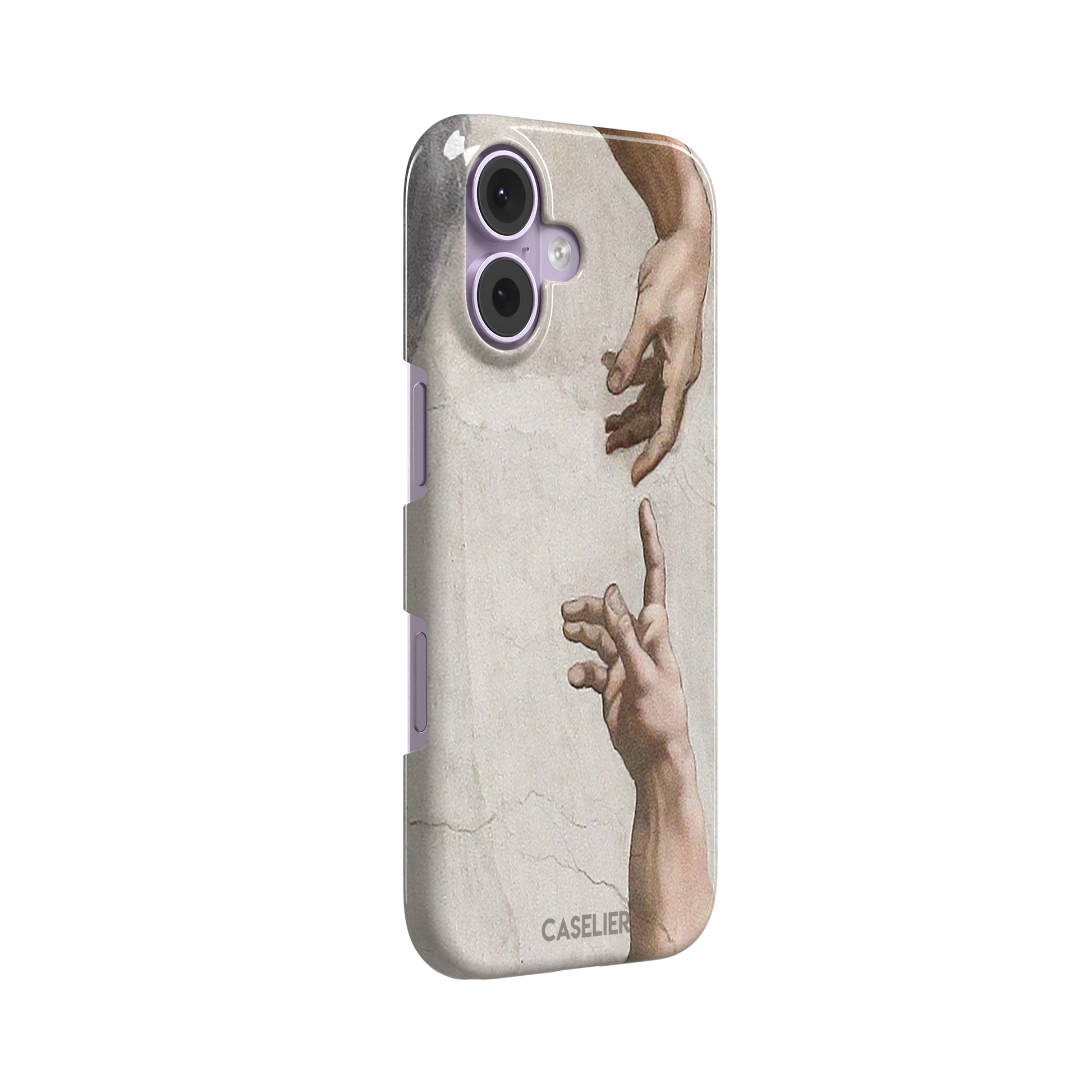 Creation of Adam phone case showing Michelangelo's two reaching hands in warm ivory and skin tones against a cracked fresco background, phone case by Caselier — snap case, left view