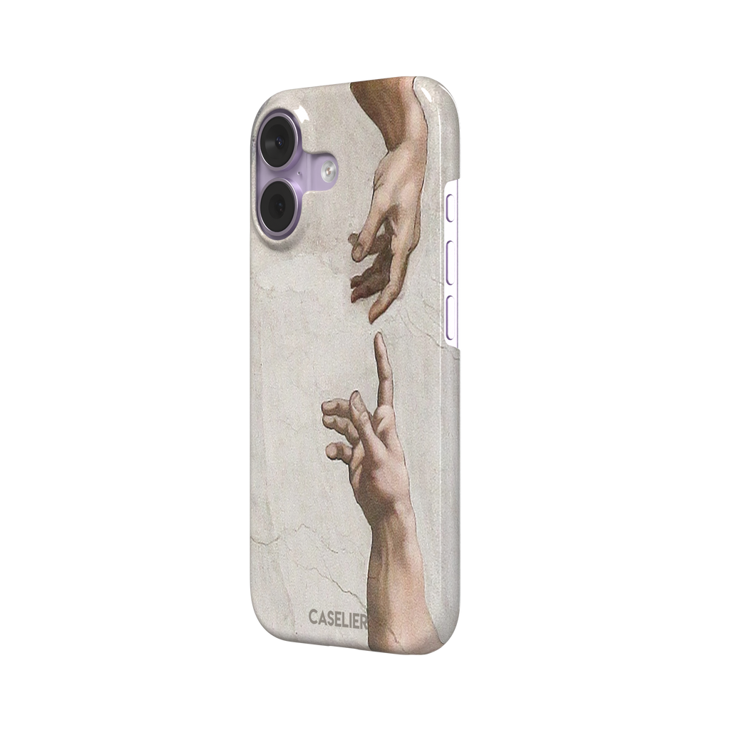 Creation of Adam phone case showing Michelangelo's two reaching hands in warm ivory and skin tones against a cracked fresco background, phone case by Caselier — snap case, right view